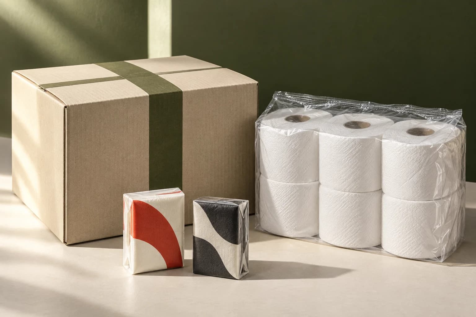 AI concept of a pocket tissue shipping carton beside a filled toilet-roll outer bag