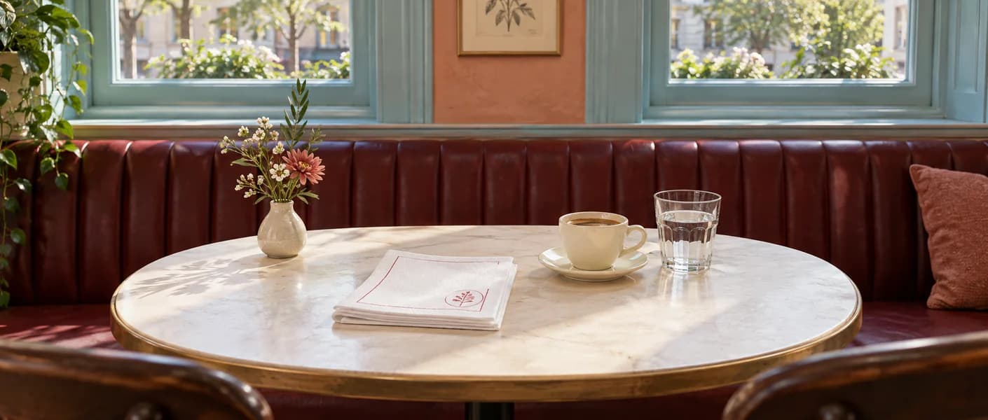 Illustrative sunlit cafe setting with burgundy seating, pale blue window frames and folded paper napkins beside an espresso cup
