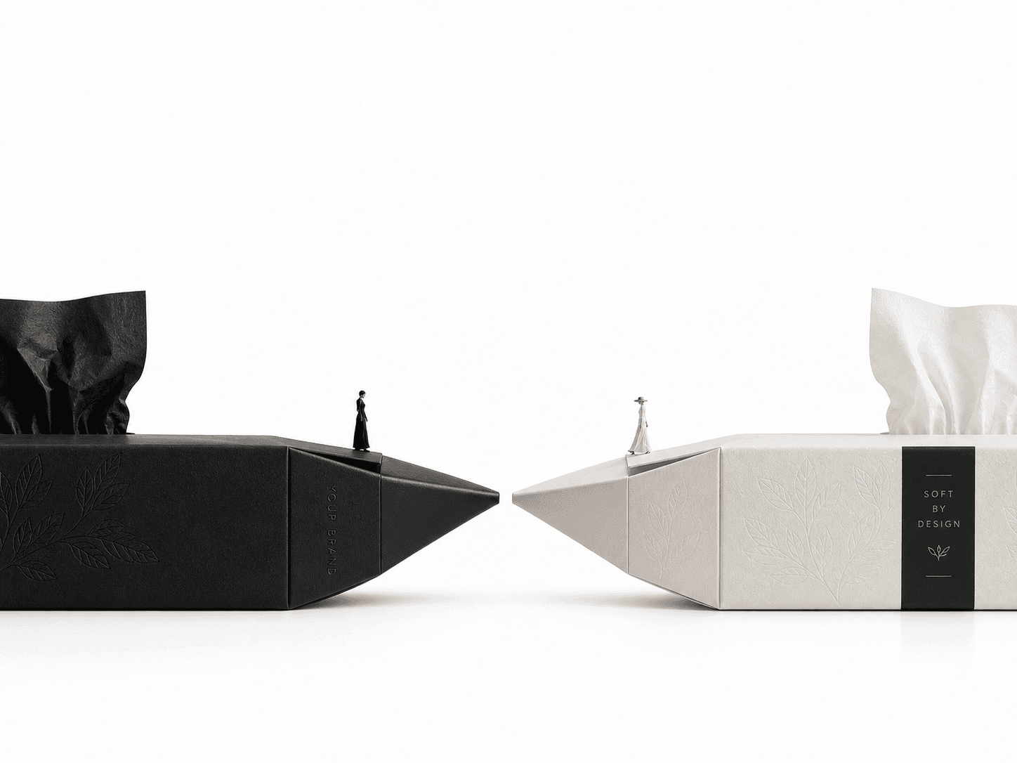 Black and ivory private label tissue boxes with vertical Your Brand packaging text and soft tissue sheets