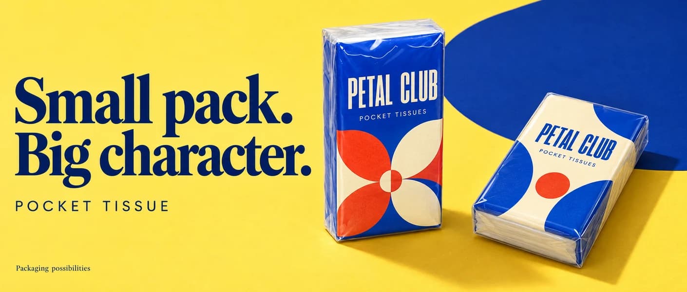 Two original Petal Club pocket tissue packaging concepts with blue and cream graphics, transparent folded film ends and compact rectangular packs on yellow