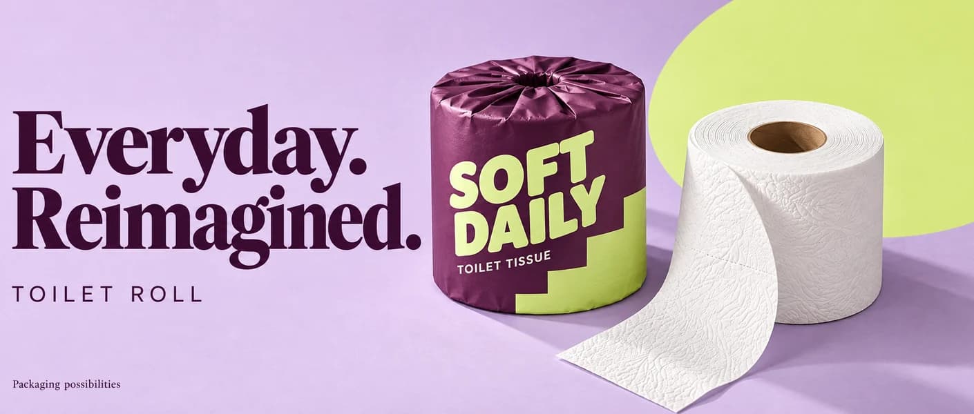 Original Soft Daily toilet roll wrapping concept in plum and lime beside a white tissue roll with a visible cardboard core on lavender