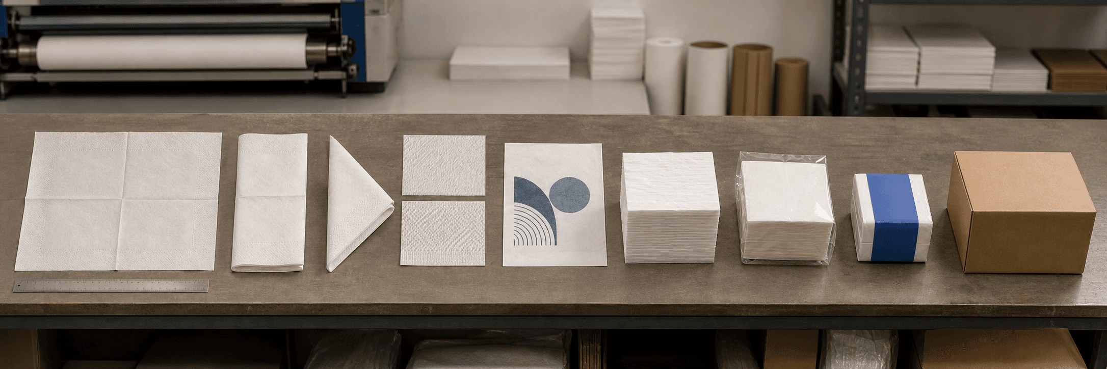 Paper napkin review bench with opened napkin, fold styles, embossing swatches, print proof, counted stack, service pack, retail band pack, and carton.