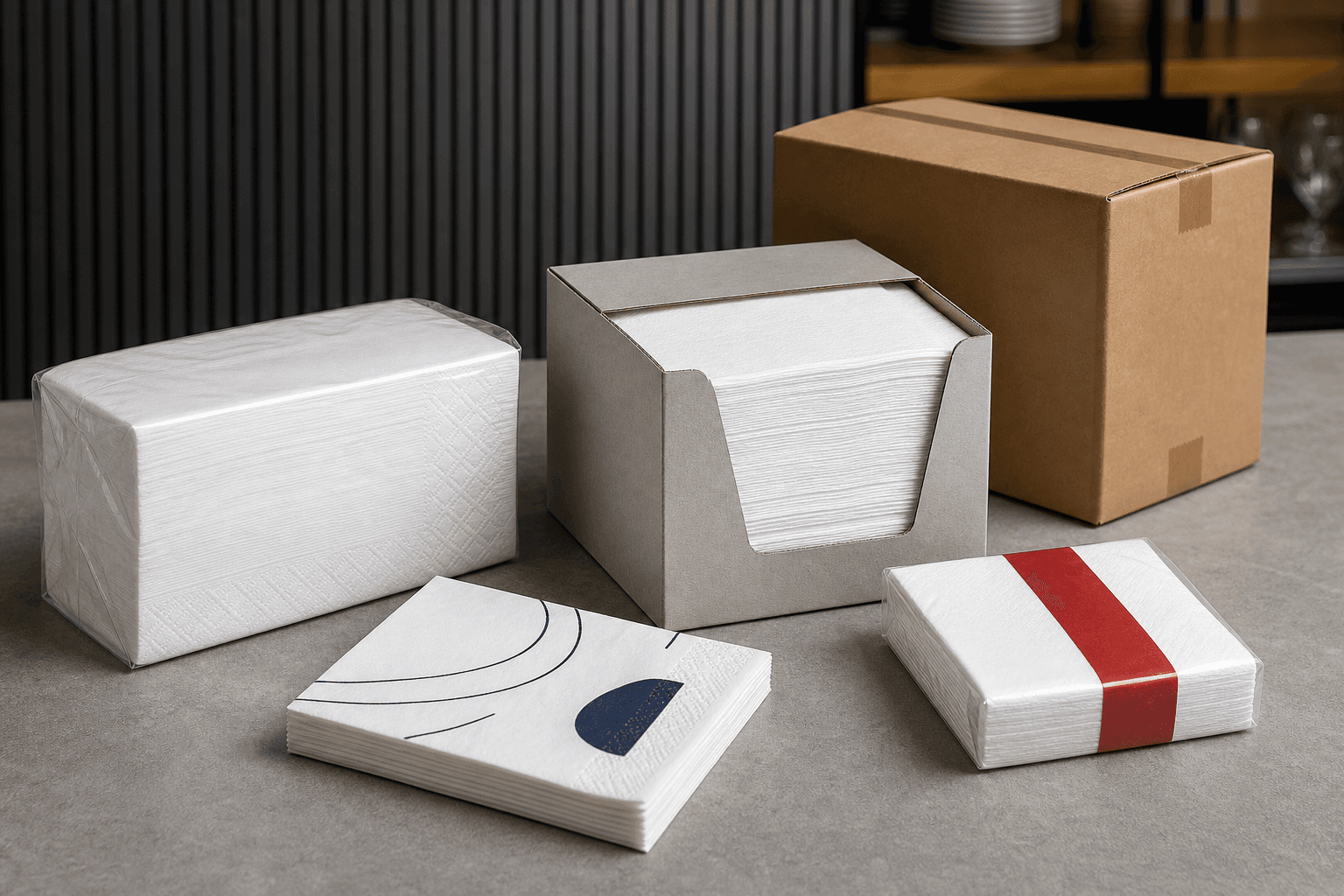 Commercial paper napkin examples showing an embossed service pack, printed cafe napkin, dispenser fold, retail band pack, and shipping carton.