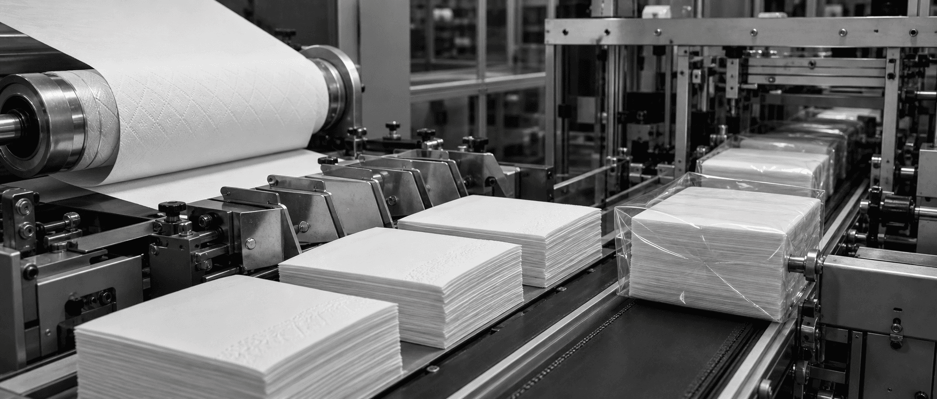 Monochrome paper napkin converting reference showing tissue web, embossing, folding, counted stacks, and service-pack wrapping.