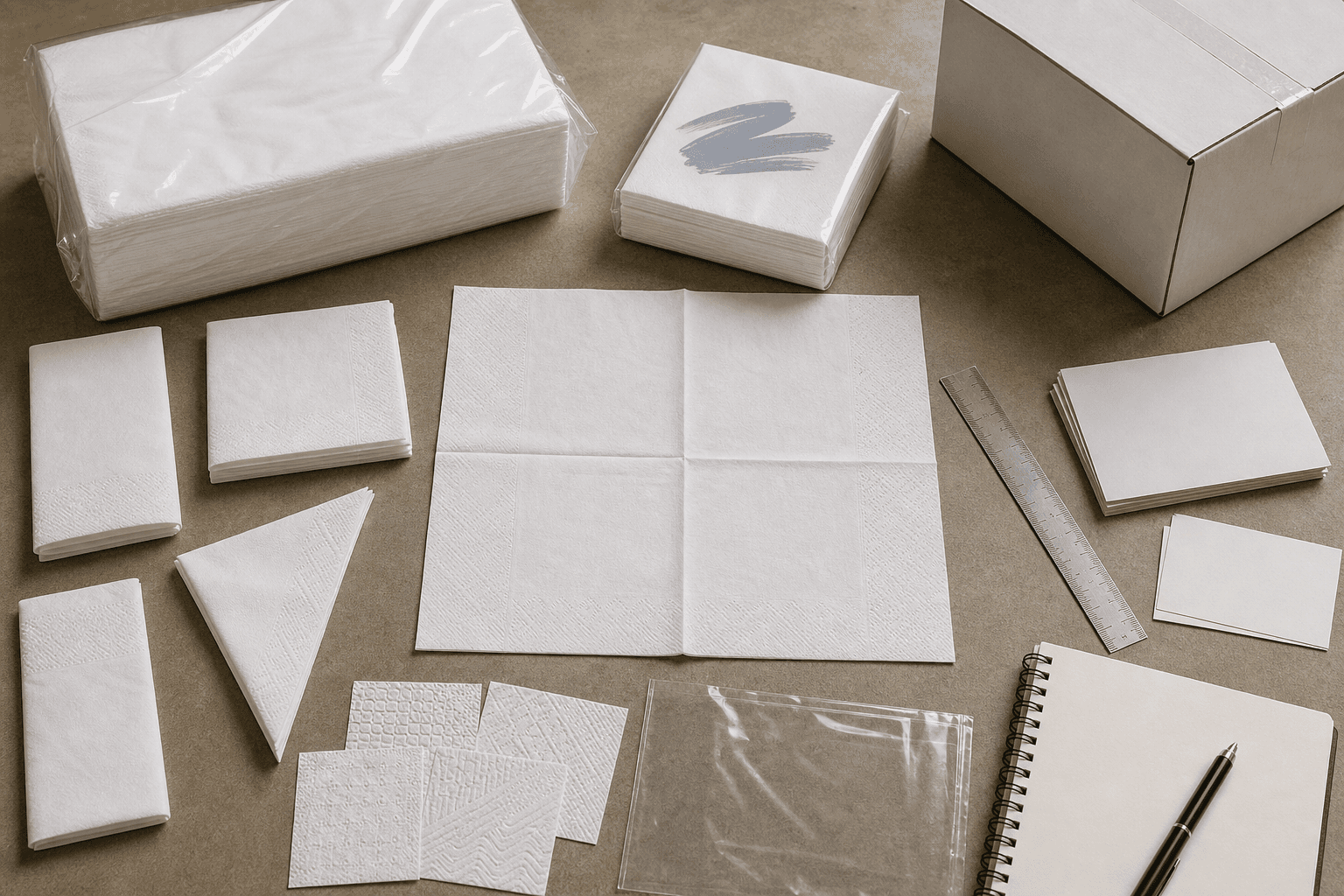 Paper napkin quotation workbench with opened and folded napkins, embossing swatches, print proof, ruler, service pack, retail pack, carton, and blank specification cards.
