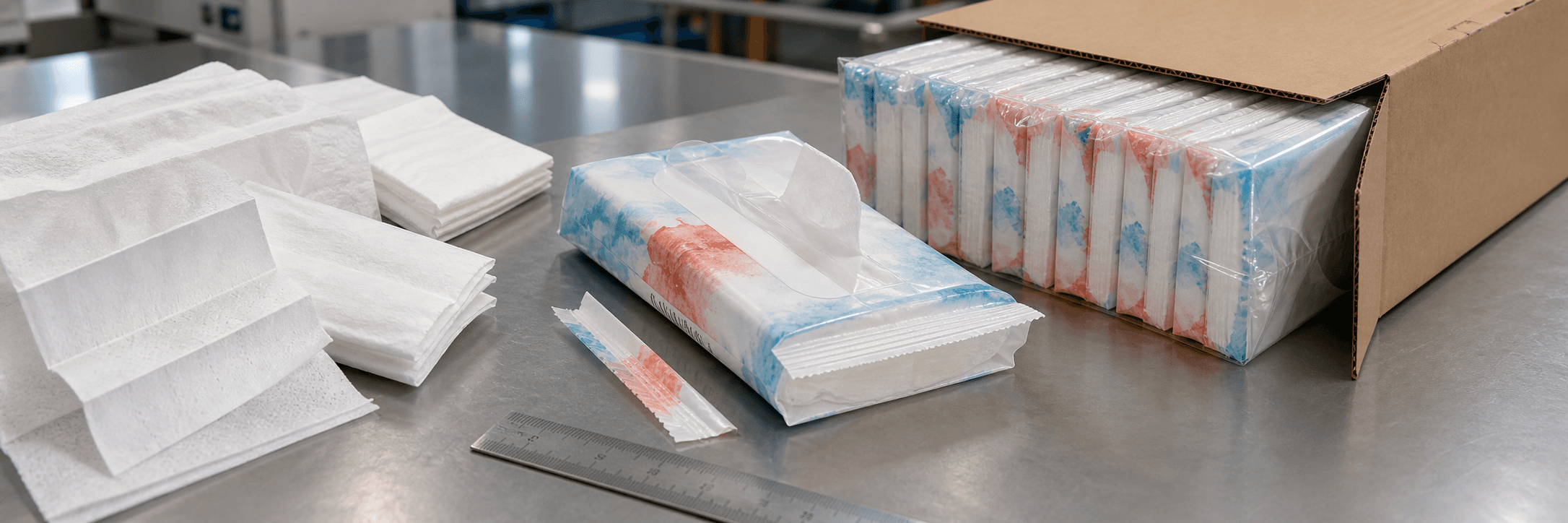 Pocket Tissue review workbench with folded tissue layers, soft-pack opening and end seal, multipack sleeve, and outer carton arrangement.