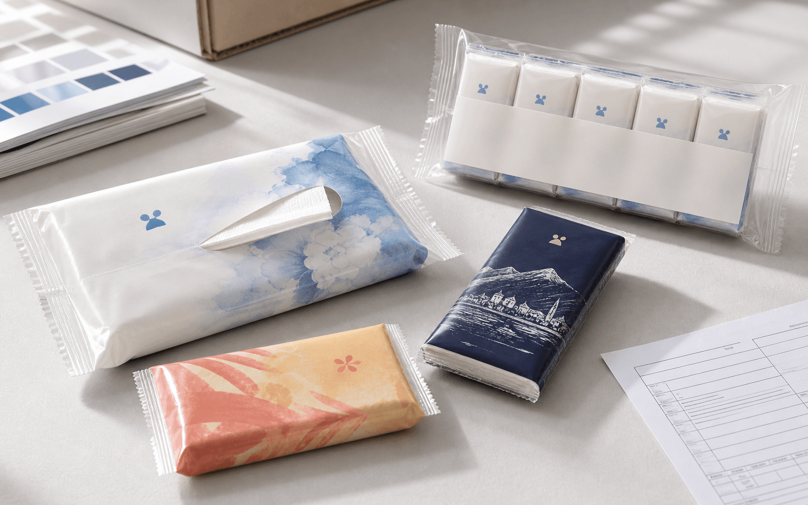 Commercial Pocket Tissue packaging references for retail, travel, hospitality, and multipack private label projects.