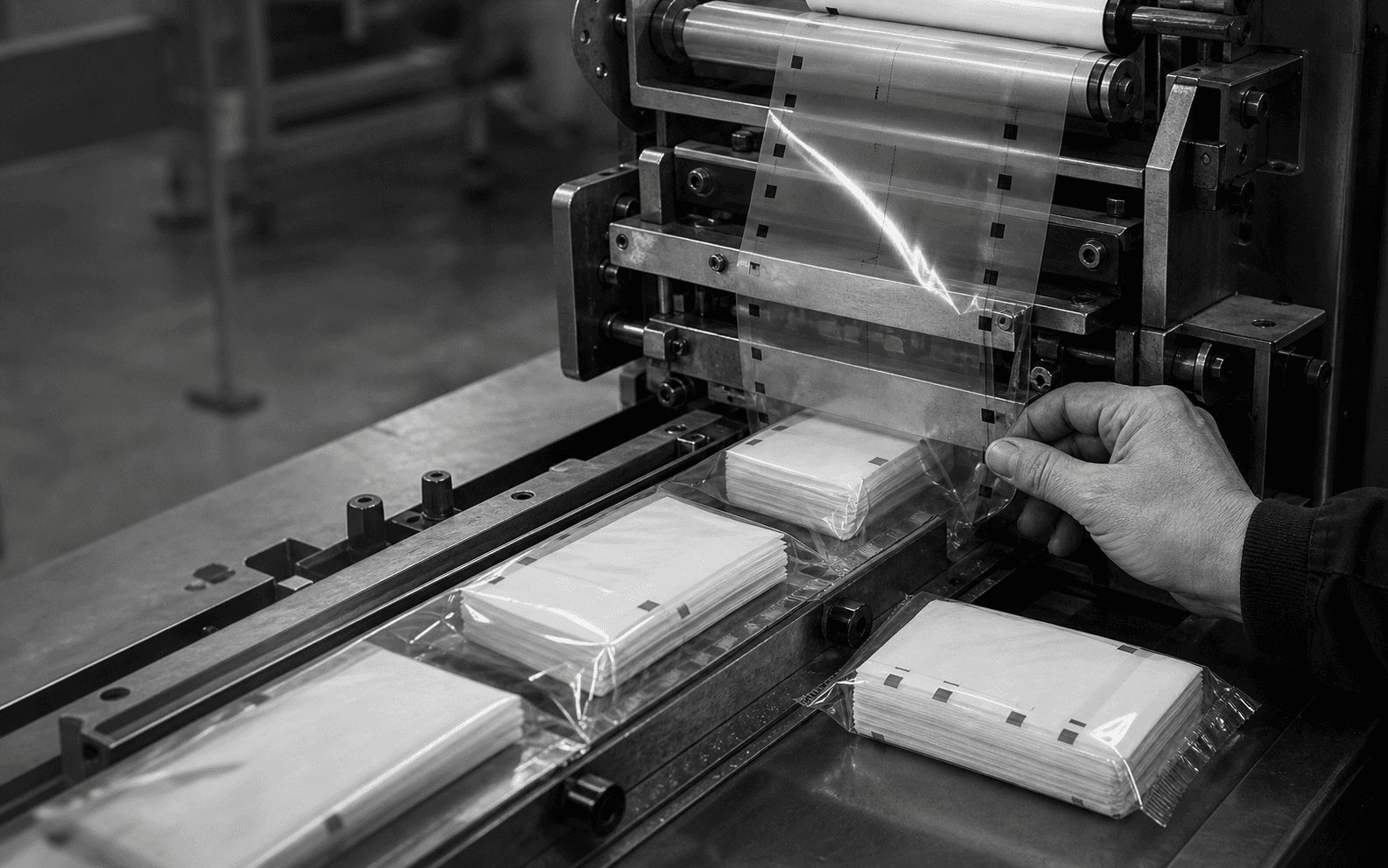 Monochrome pocket tissue wrapping process showing folded tissues entering printed flexible film, seal formation, and finished soft packs.