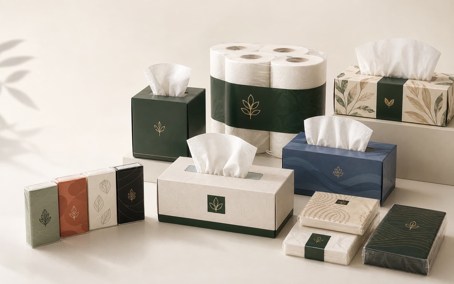 Illustrative range of box facial tissue, toilet roll, pocket tissue and paper napkin formats