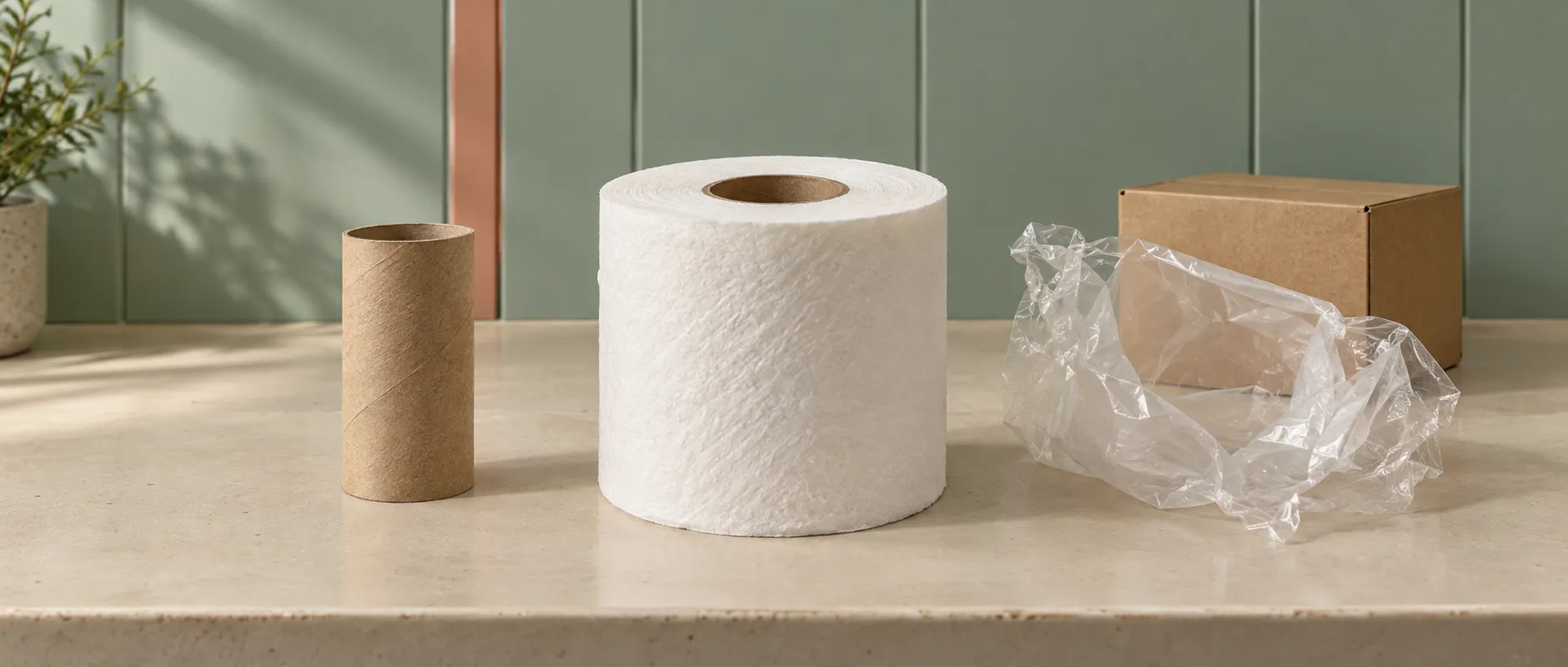 AI-generated illustration of a toilet roll, a separate cardboard core, clear wrapping and an unprinted carton on a workbench
