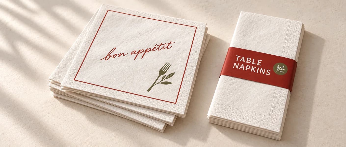 Folded paper napkins with an original red Bon Appetit print and a coordinating paper-band packaging concept
