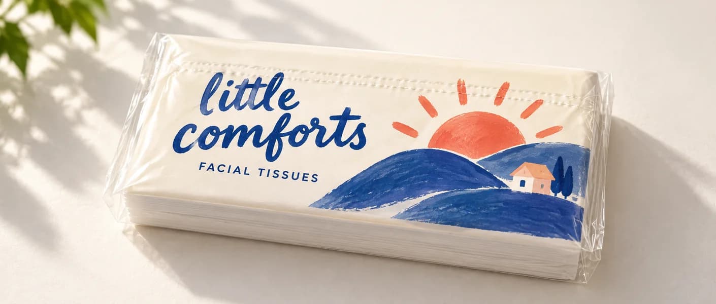 Original Little Comforts facial tissue packaging concept with blue hills and a coral sun on a low flexible film pack with clear sealed ends