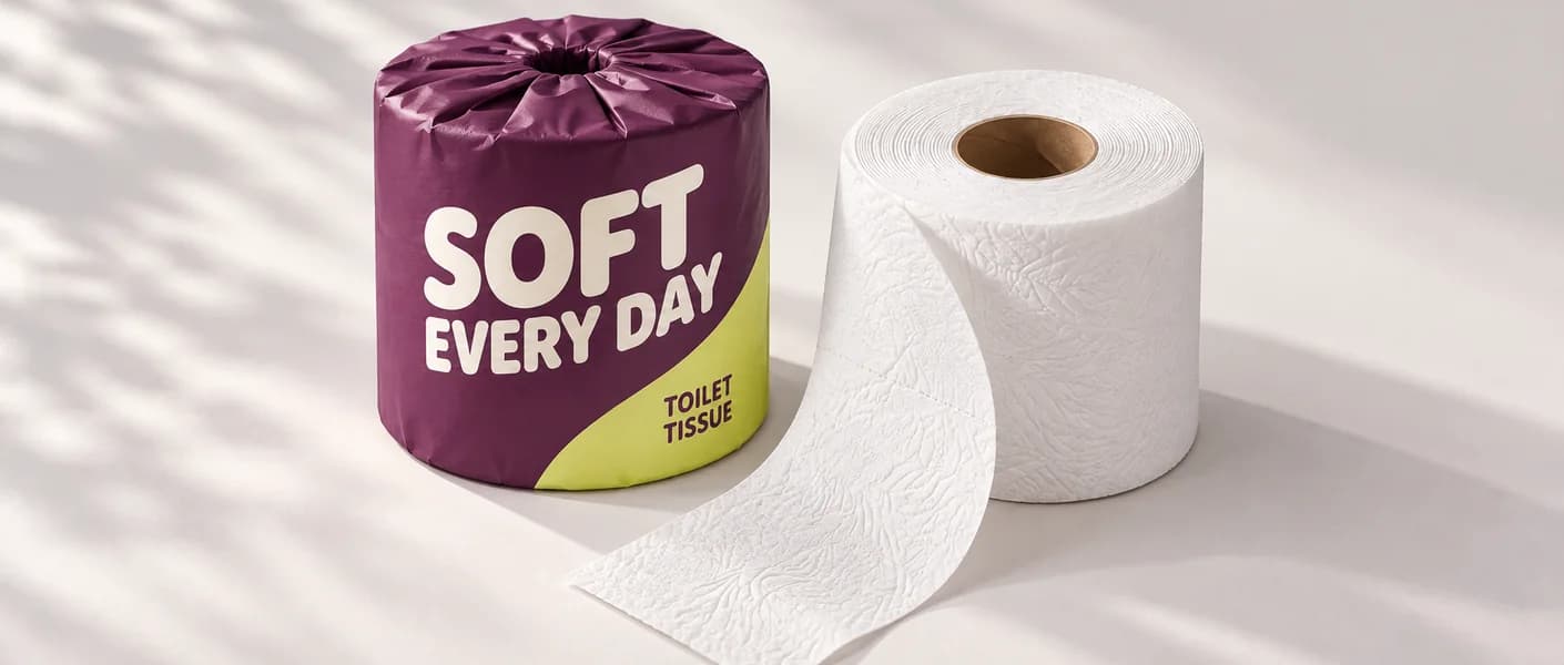 An original plum and cream Soft Every Day toilet roll wrapper beside an unwrapped white roll with a visible paper core