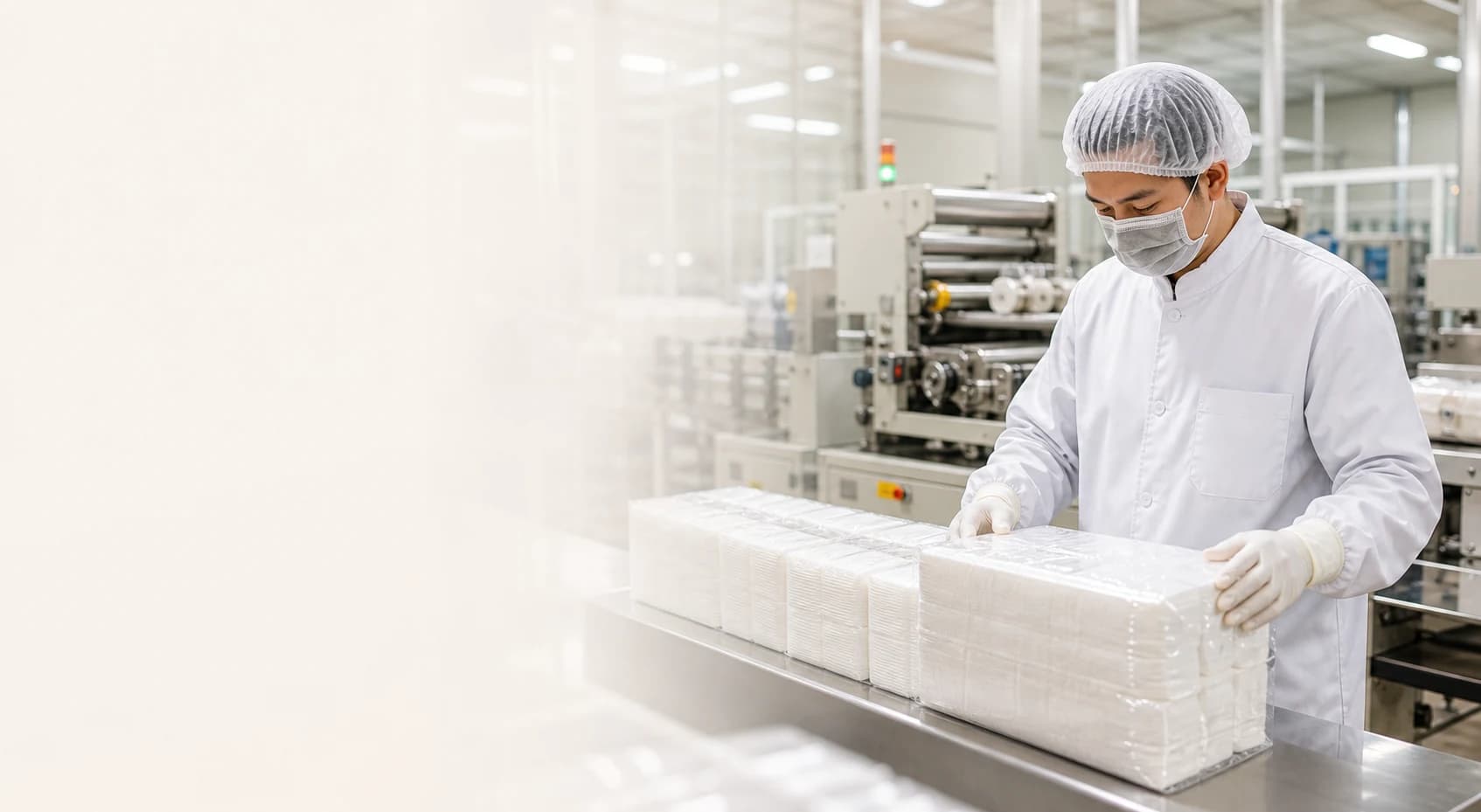 Illustrative worker checking wrapped tissue packs in a production-area reference