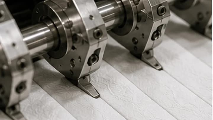 Close-up embossed tissue sheets moving through converting rollers