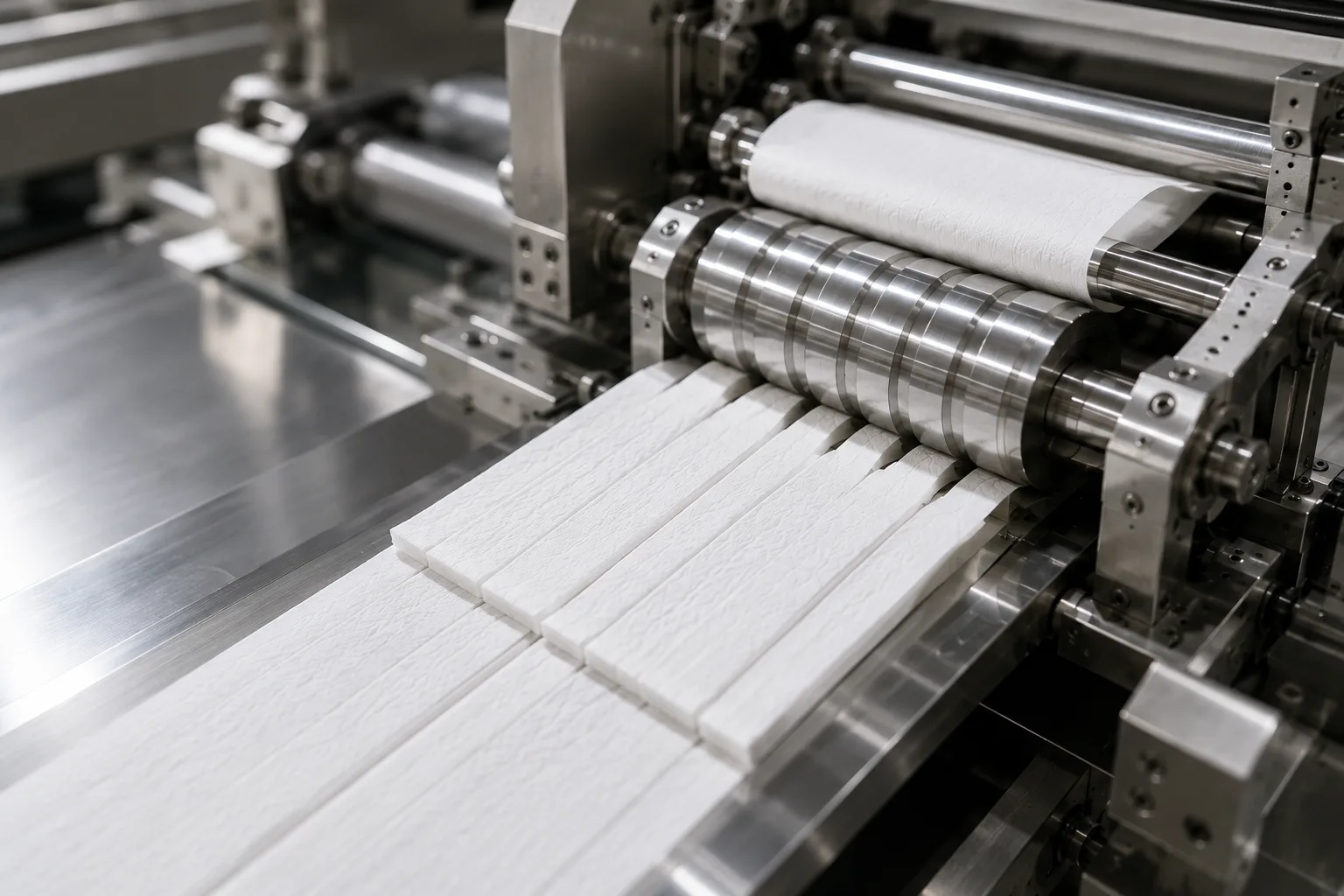 Illustrative close-up of tissue converting equipment and embossed tissue sheets
