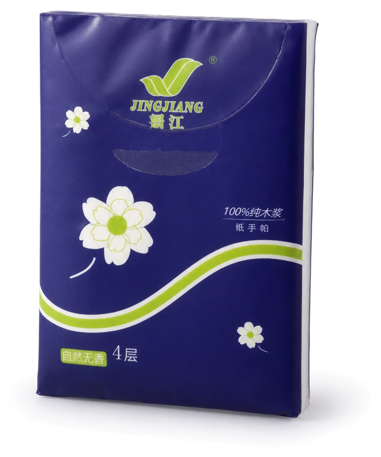 Blue carry pack tissue produced with customer-specific wrapper artwork