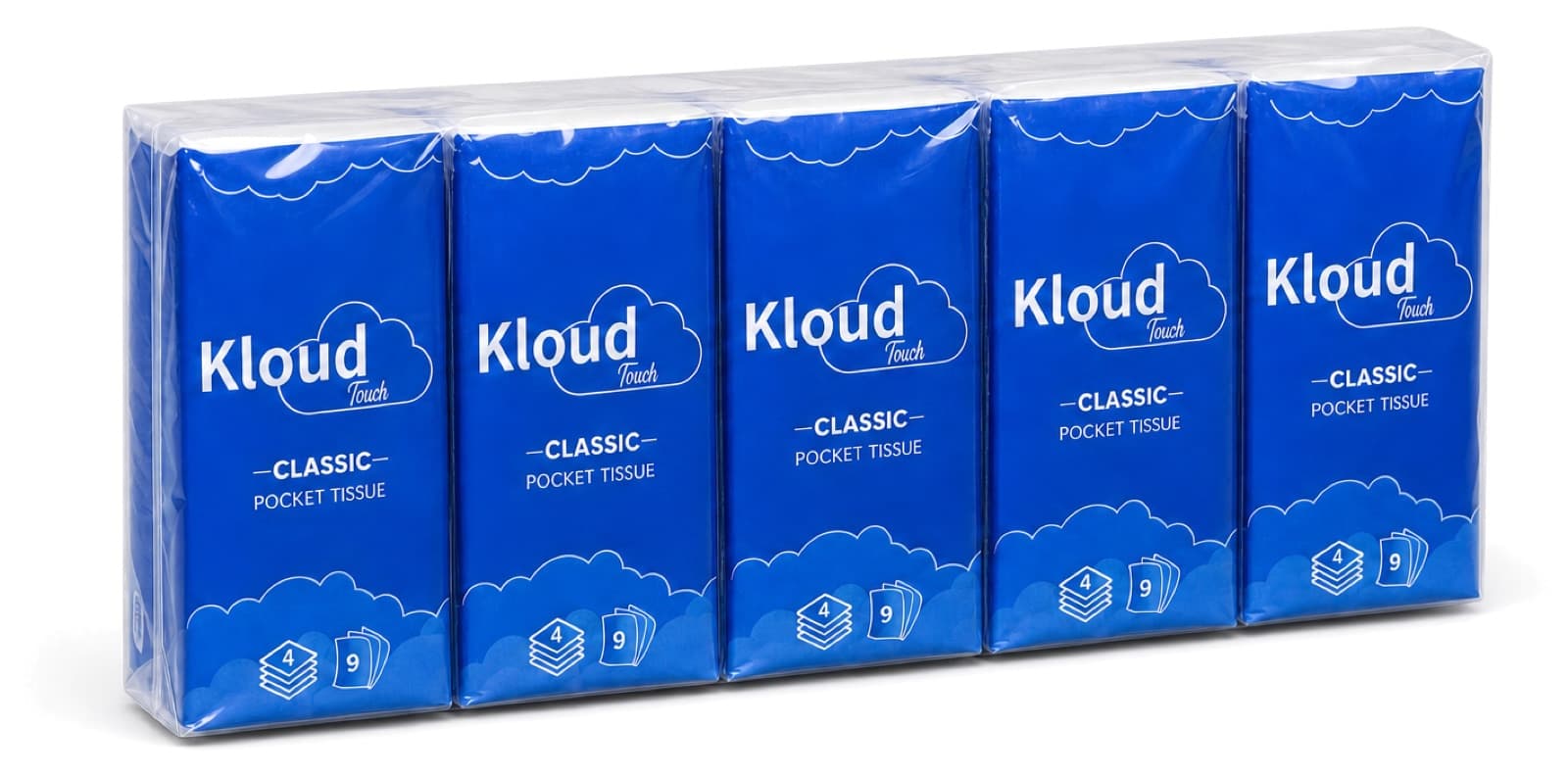 Blue five-pack pocket tissue produced with customer-specific printed film