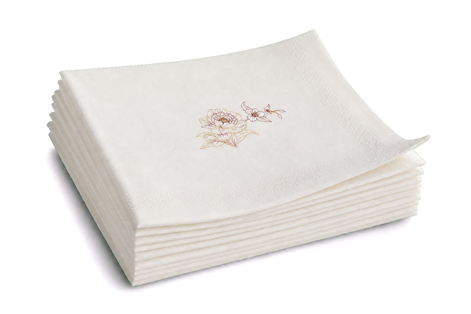 Folded white paper napkin with a customer-specific floral print
