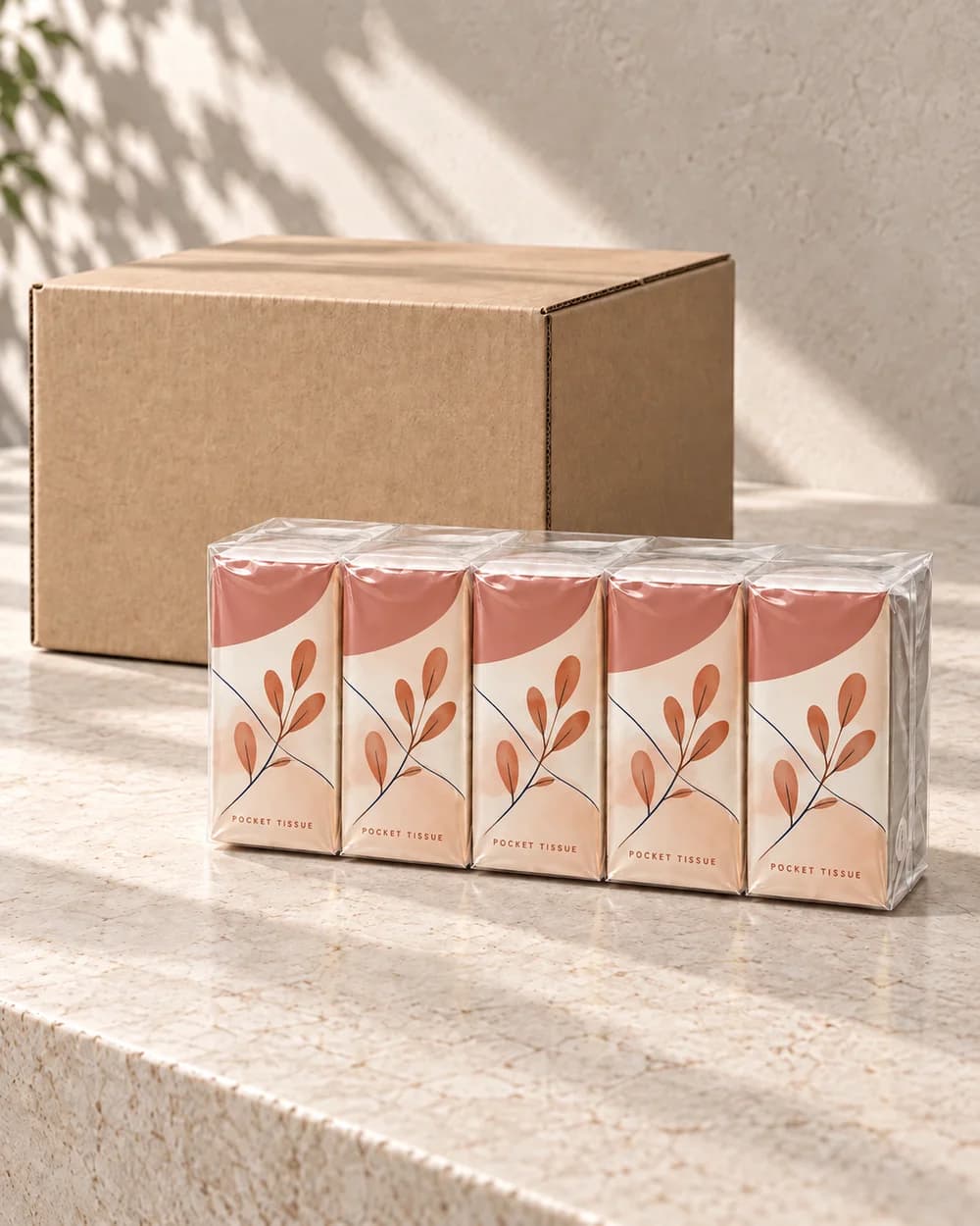 AI concept showing five matching apricot botanical pocket tissue packs in clear outer film outside a closed plain shipping carton