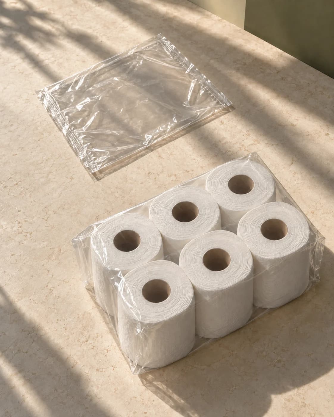 AI concept comparing an empty flat transparent bag with a closed outer bag containing upright cylindrical toilet rolls