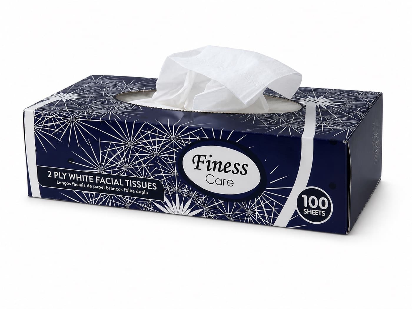 Dark blue rectangular box facial tissue with a top dispensing opening and customer-specific printed artwork
