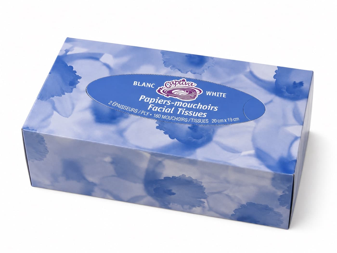 Blue floral rectangular box facial tissue with an oval dispensing opening and custom printed carton
