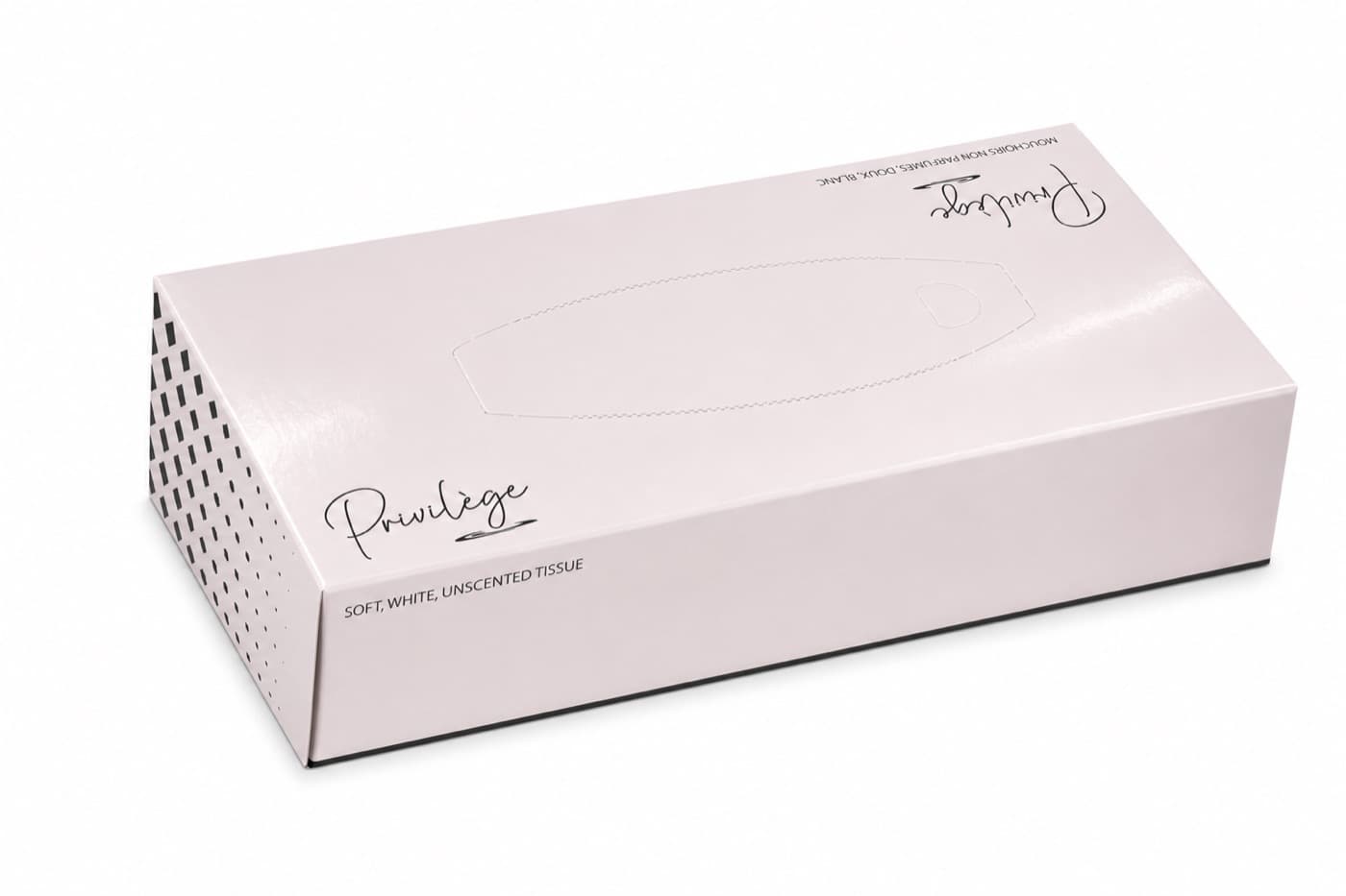 Long pink box facial tissue carton with customer-specific illustration and top dispensing opening