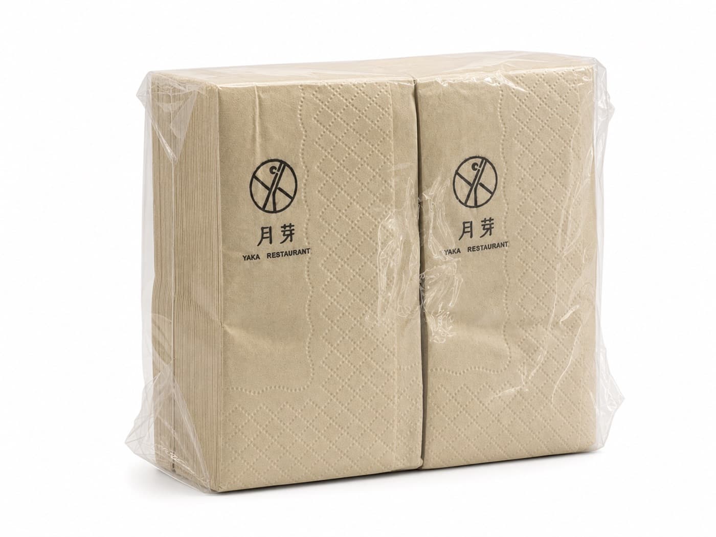 Natural-tone embossed restaurant paper napkins in a two-pack with customer-specific printed marks