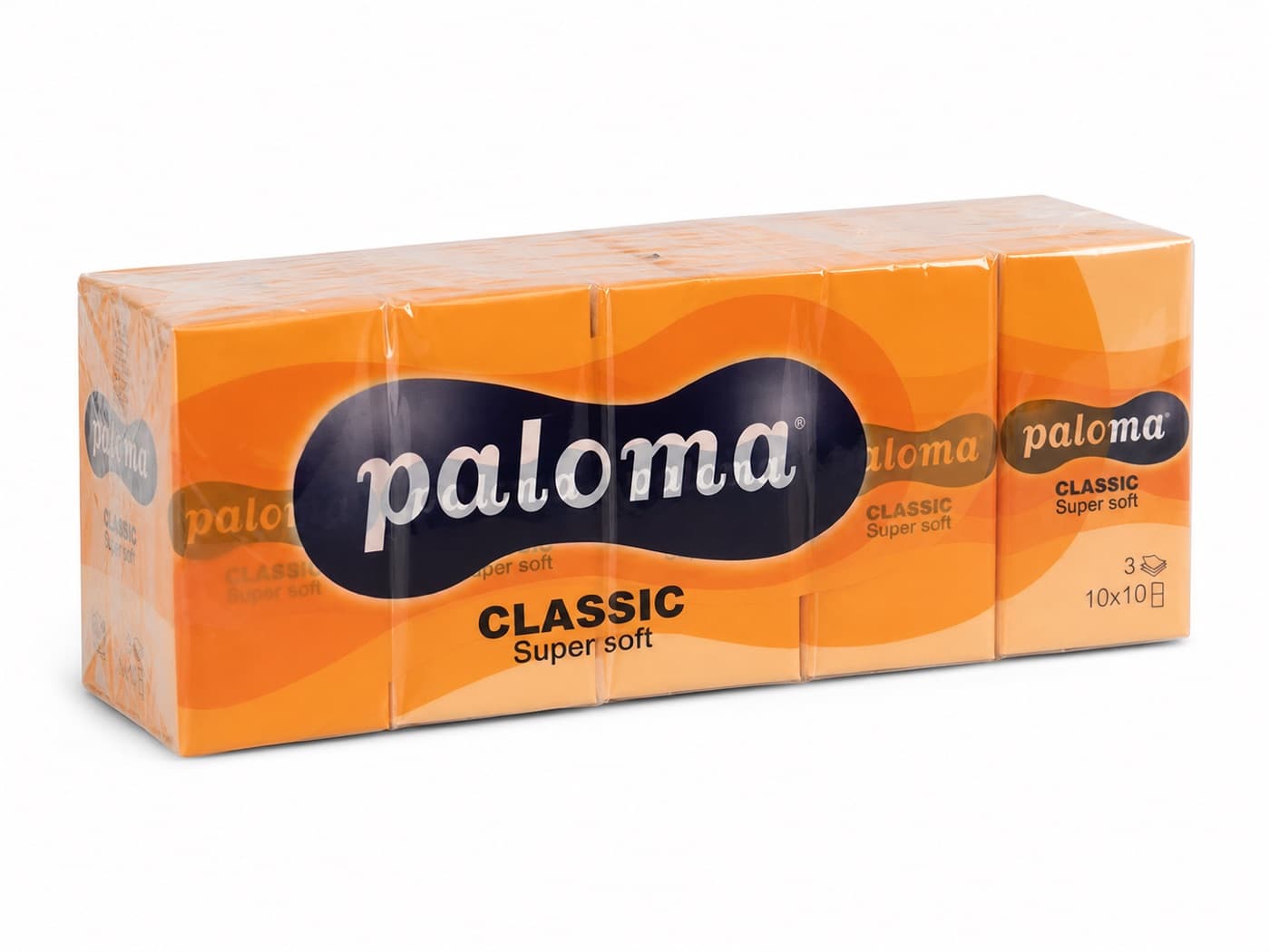 Orange pocket tissue multipack with repeated customer-specific wrapper artwork