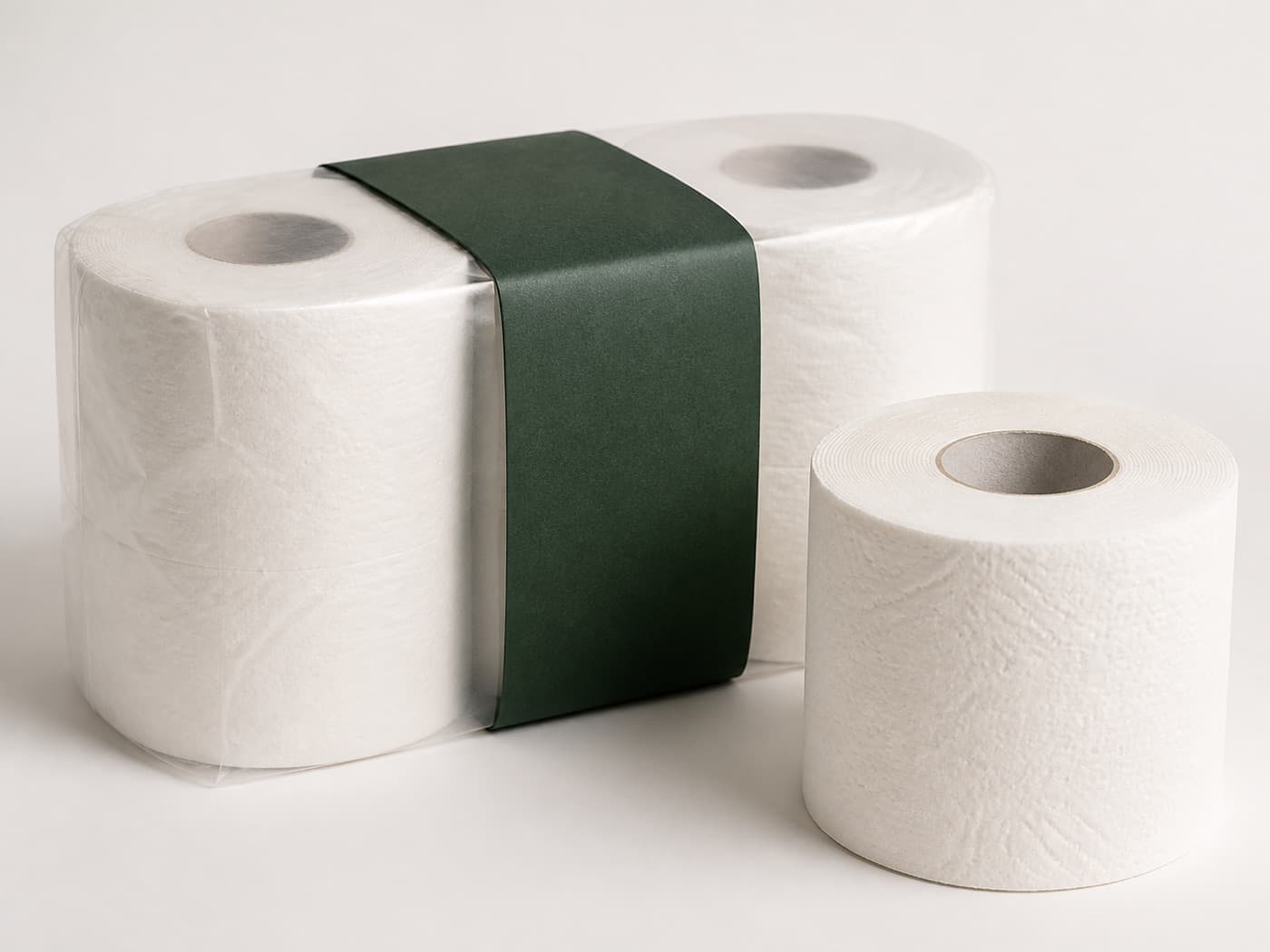AI-generated toilet roll packaging concept with white paper rolls, transparent multipack film and an unprinted forest-green band