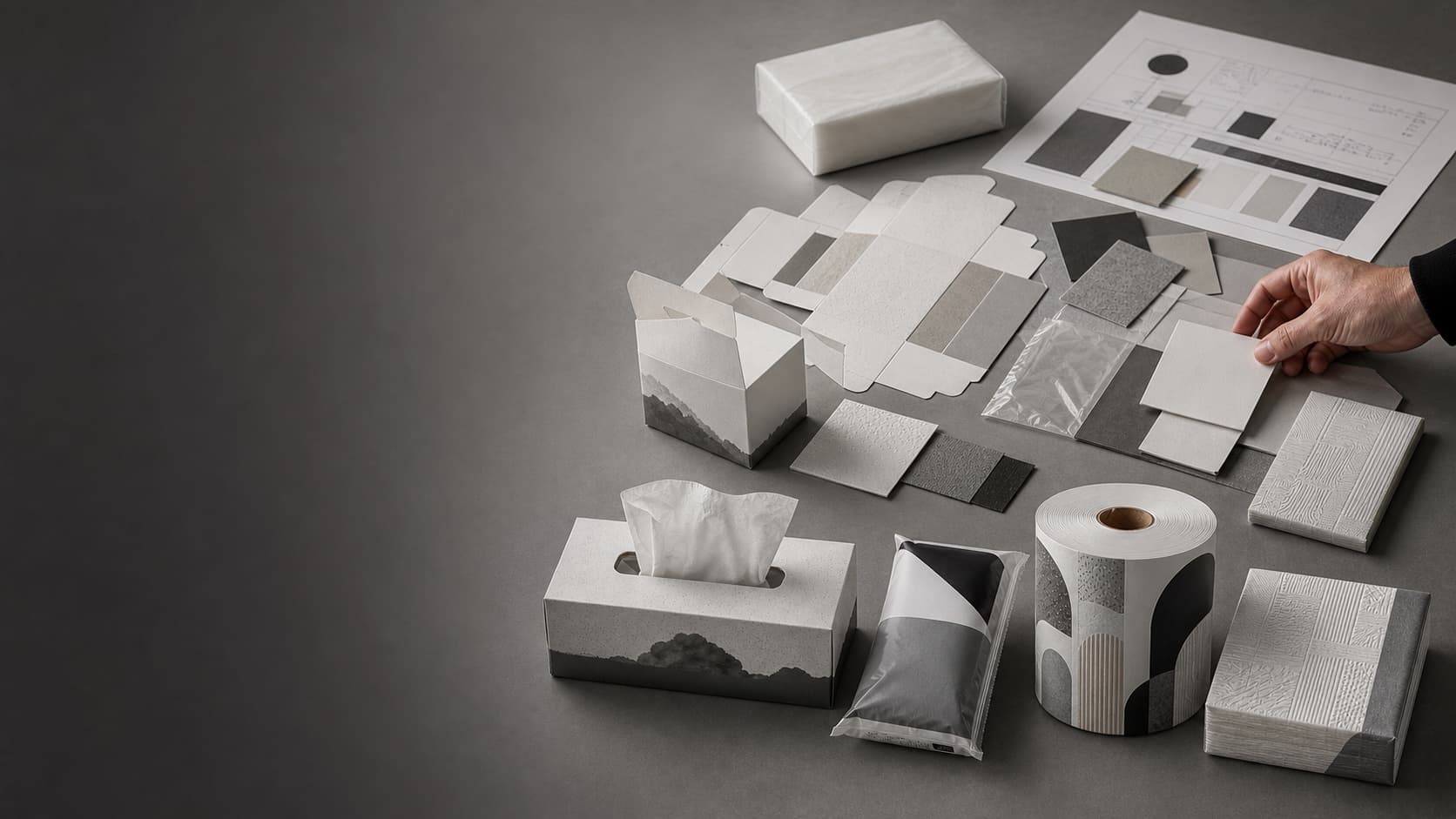 OEM and ODM tissue packaging development table with carton dielines, material samples, and finished tissue formats