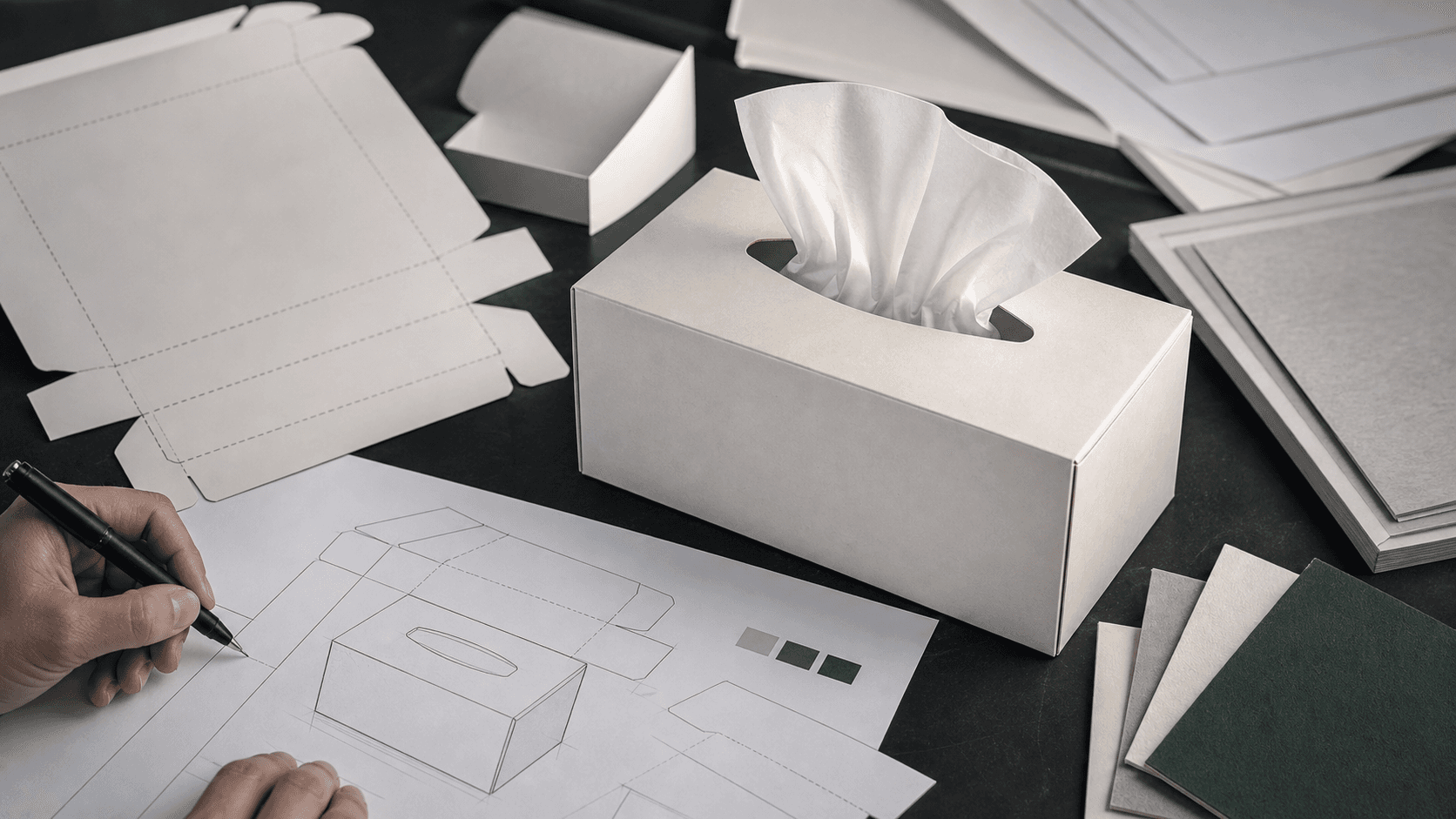 Tissue box packaging review with carton dielines, paper samples and a structural tissue box mockup