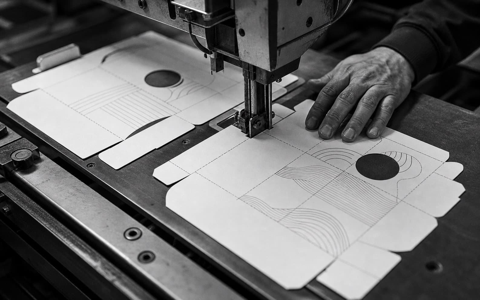 Illustrative box facial tissue packaging development scene with a carton and dieline sheets.
