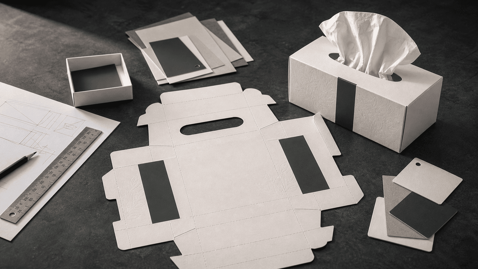 Illustrative box facial tissue specification workbench with a carton dieline, tissue box, material swatches, and ruler.