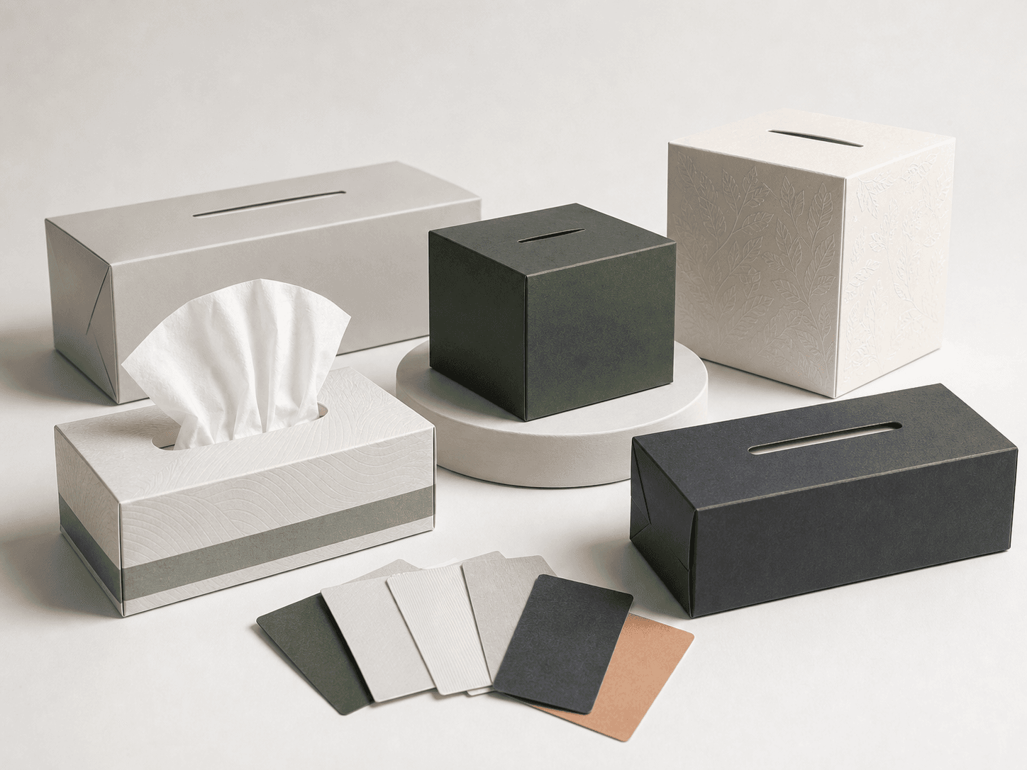 Private label box facial tissue formats showing carton structure, tissue opening and packaging surface options