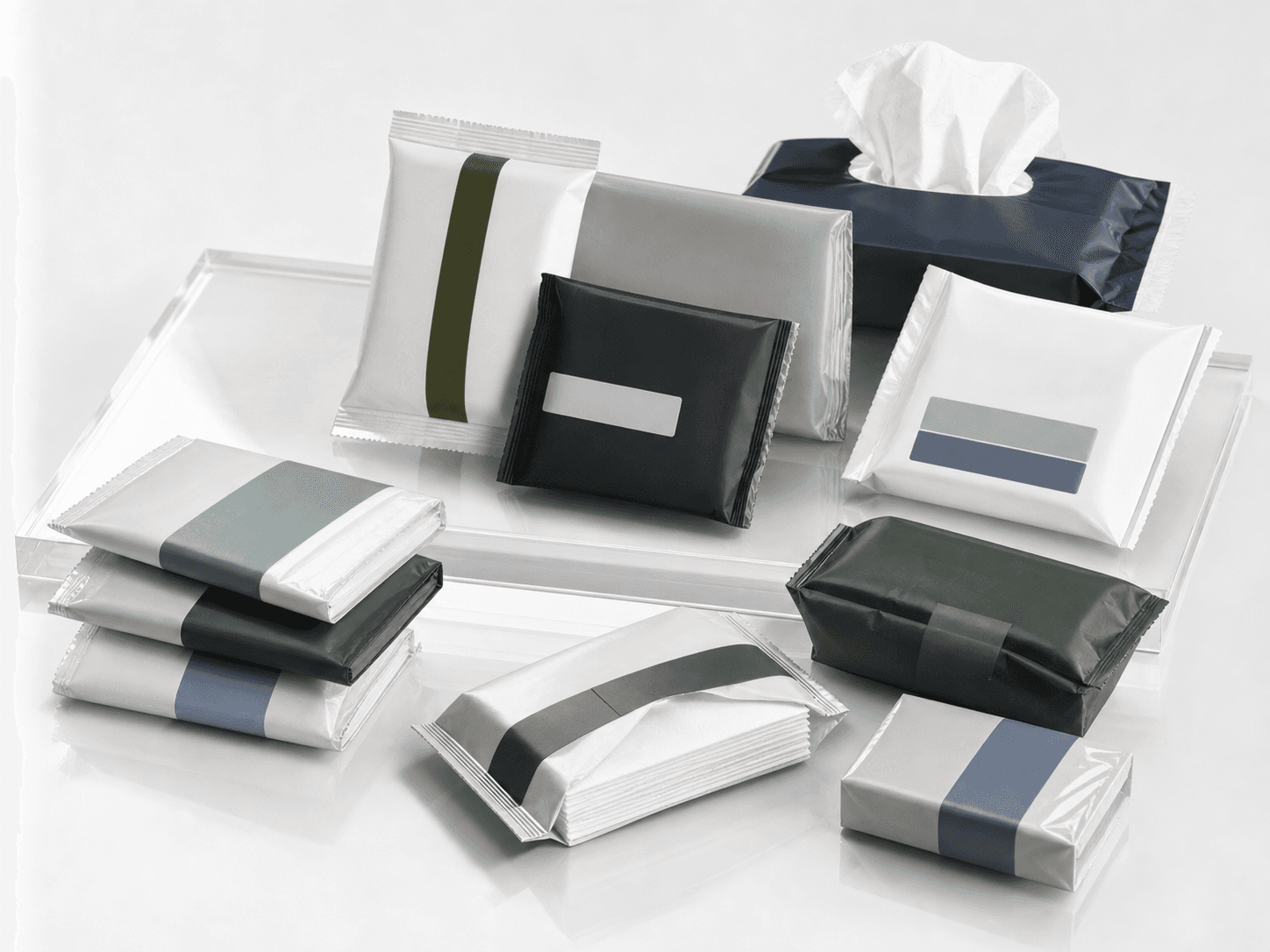 Pocket tissue private label packaging formats with portable wrapper and pack structure options