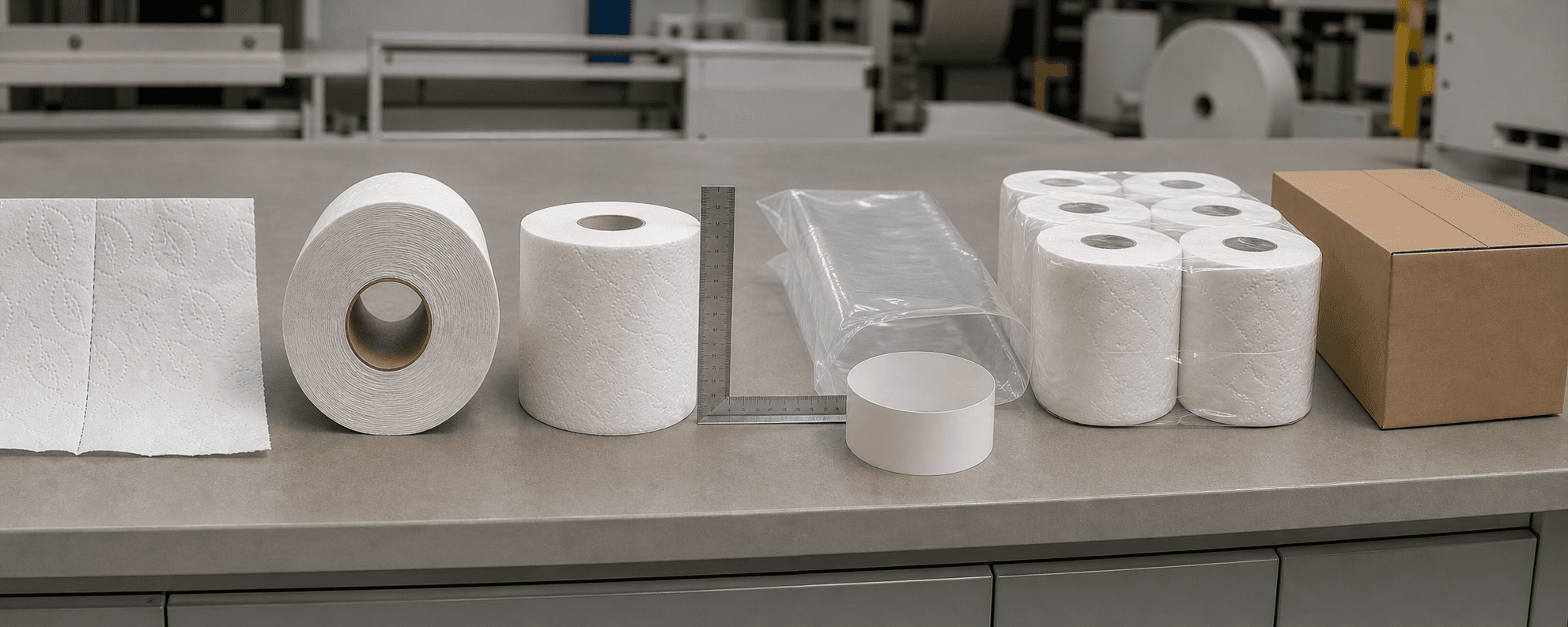 Toilet roll review bench with embossed perforated sheet, core and winding cross-section, finished roll, wrapper film, paper band, multipack, and carton.