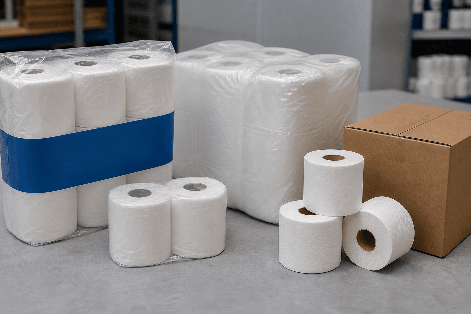 Commercial toilet roll examples showing a retail multipack, hospitality pack, bulk bundle, loose embossed rolls, and shipping carton.