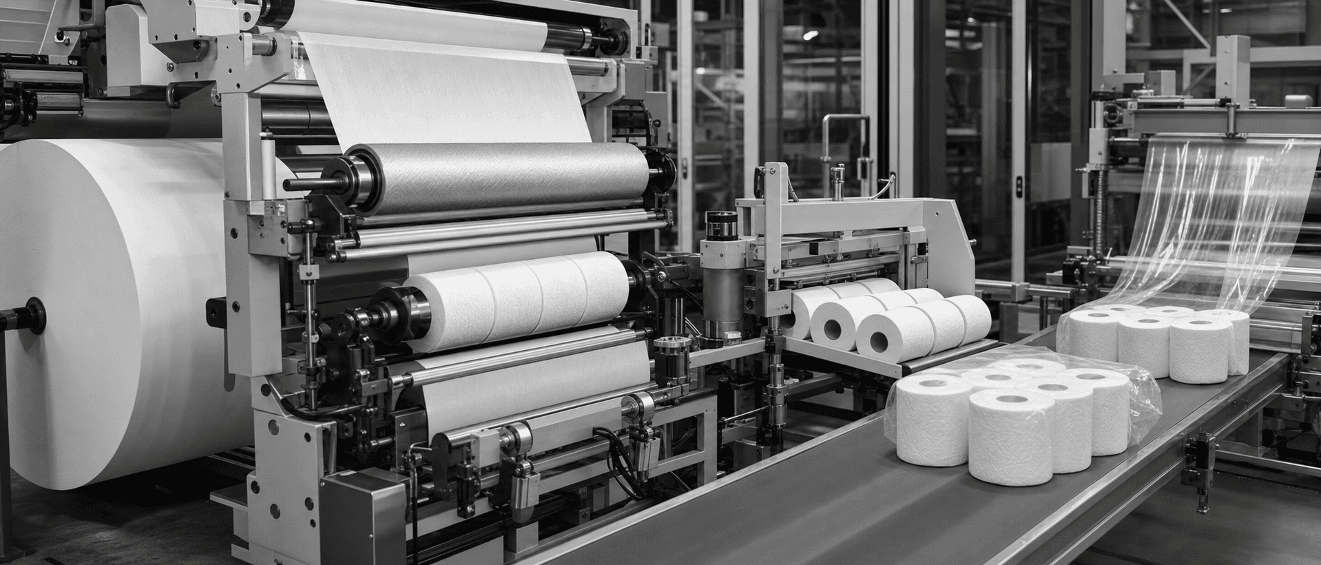 Monochrome toilet roll converting reference showing parent tissue, embossing and perforation, rewound rolls, and multipack wrapping.