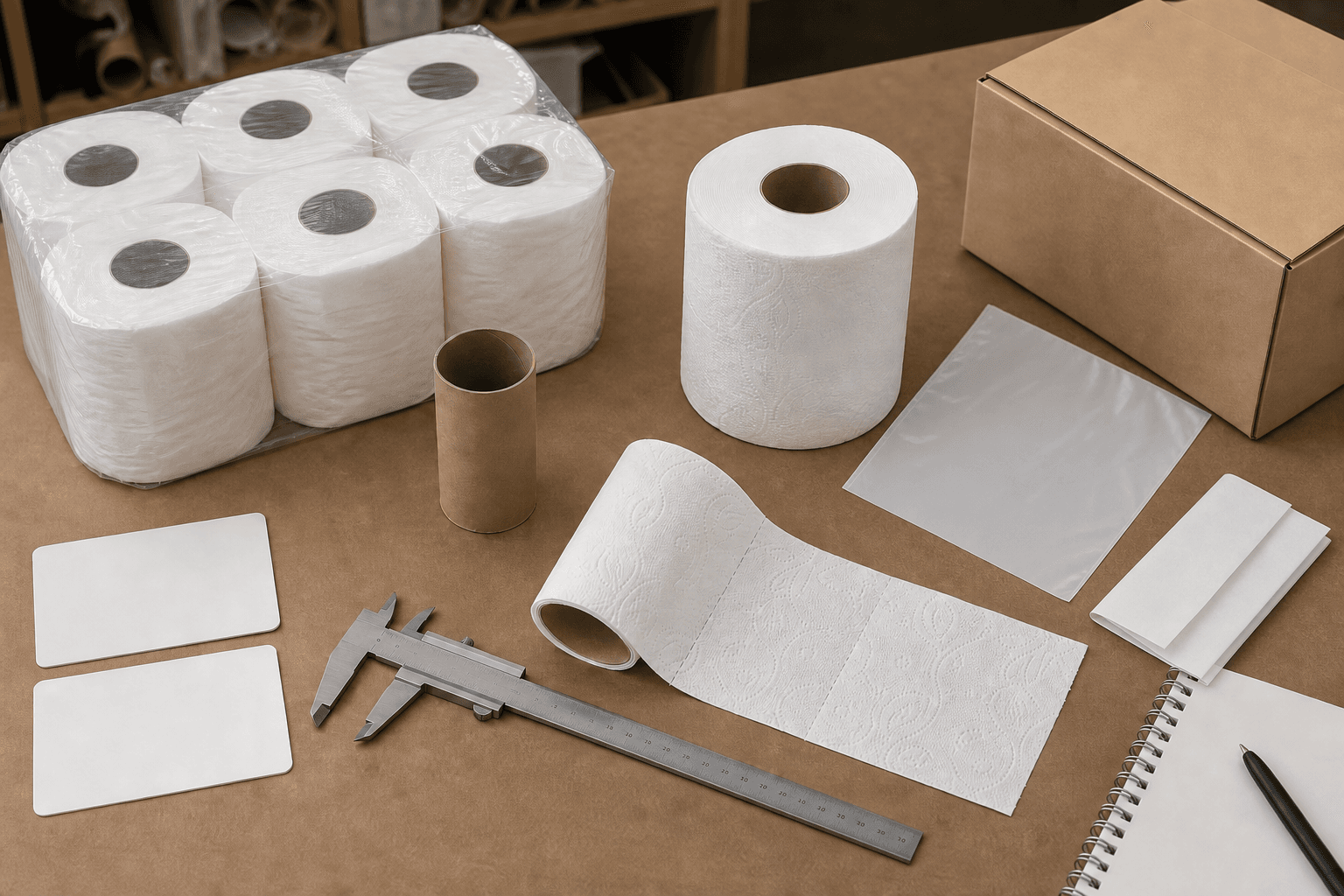 Toilet roll quotation workbench with finished roll, core sample, perforated and embossed sheet, wrapper film, multipack, carton, ruler, and blank specification cards.