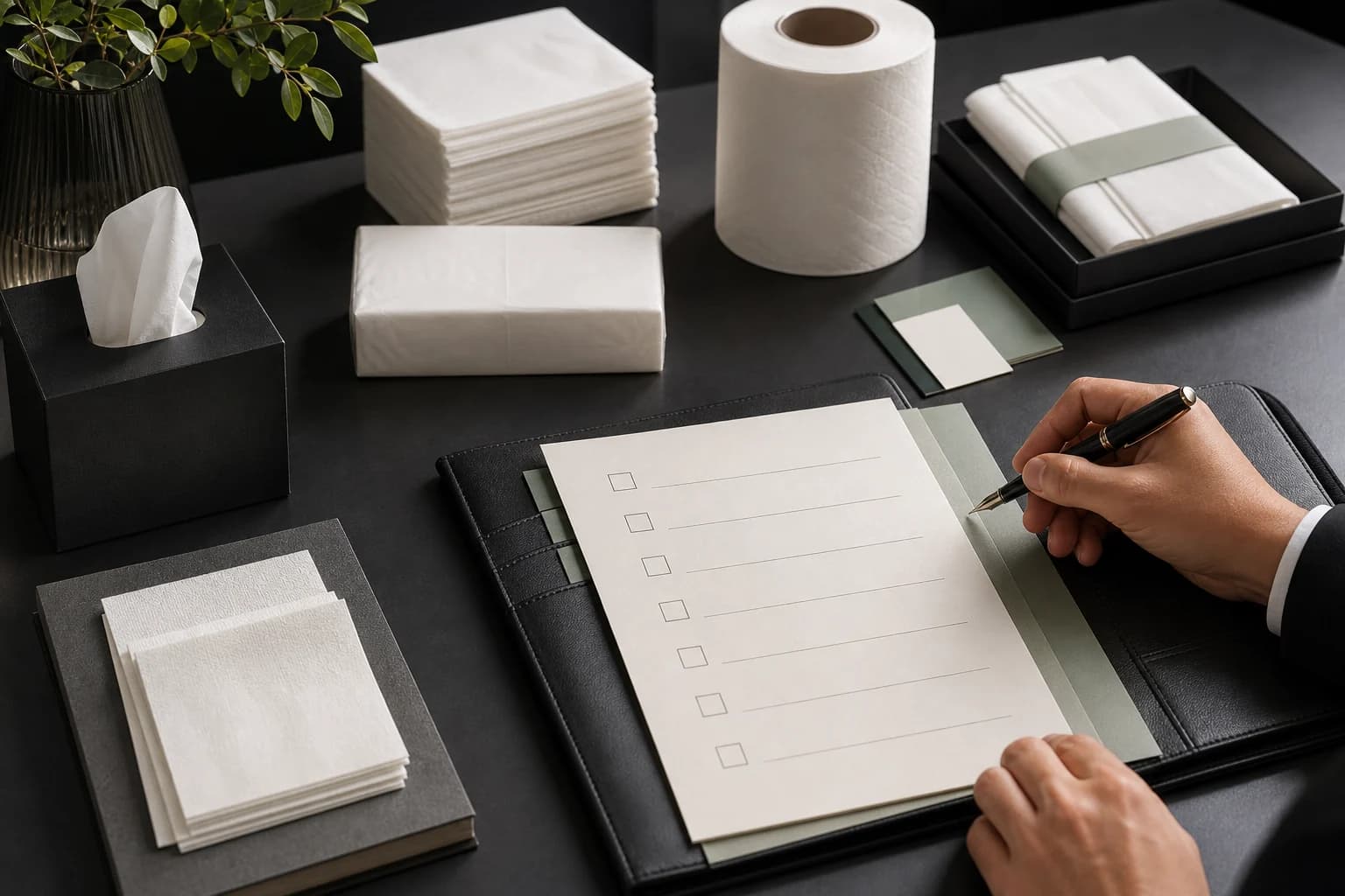 Premium OEM tissue project planning desk with blank checklist sheets, tissue samples, folder and sourcing notes