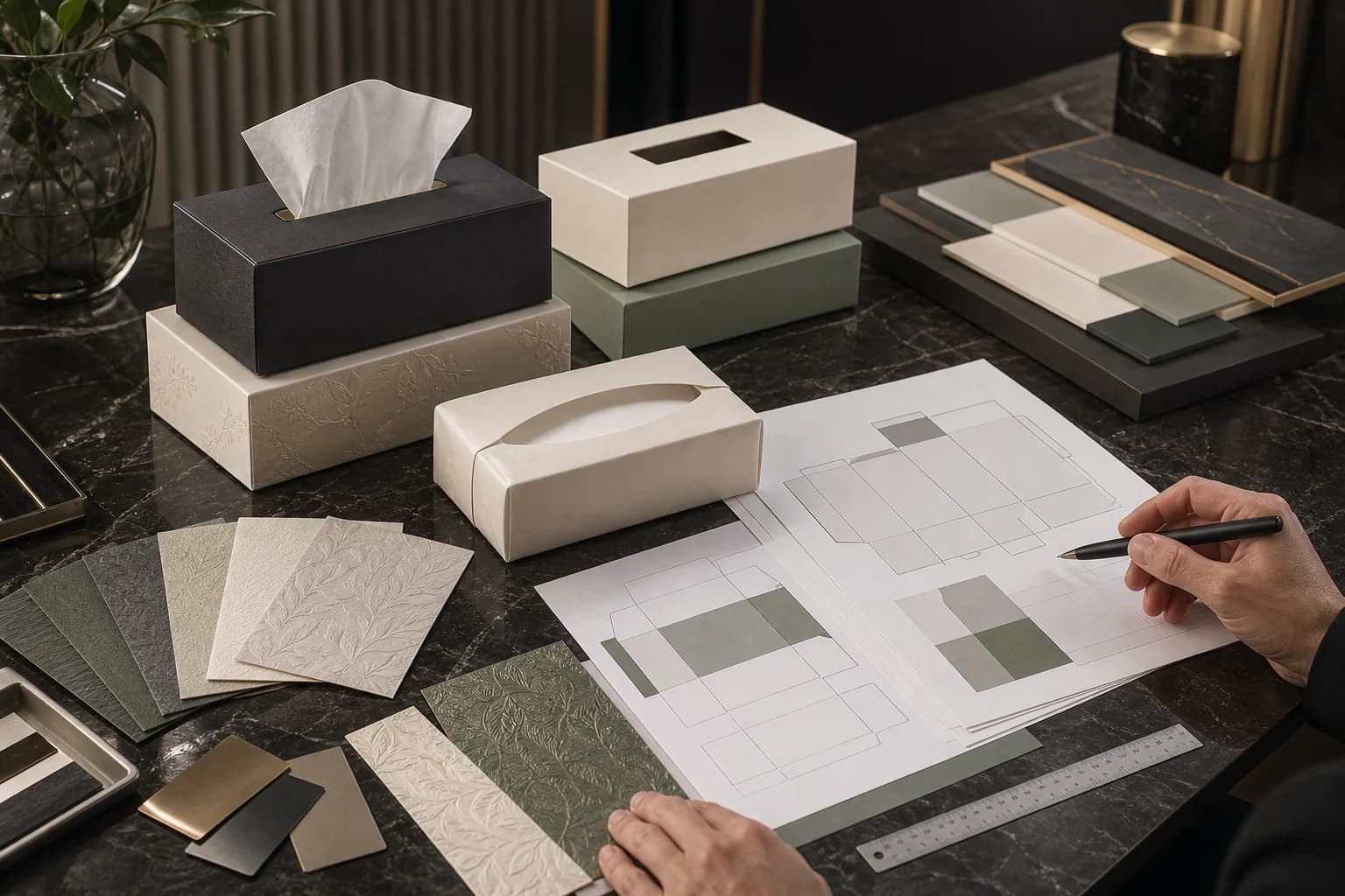 Premium custom tissue packaging consultation desk with blank box mockups, dieline sheets, material swatches and ruler