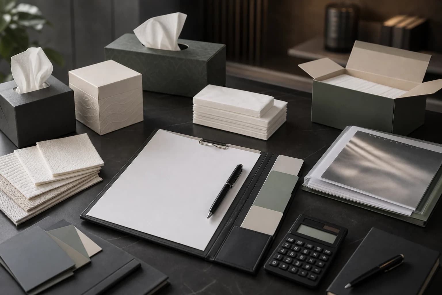 High-end OEM tissue quotation preparation desk with blank quote forms, tissue samples, carton packaging sample and sourcing notes