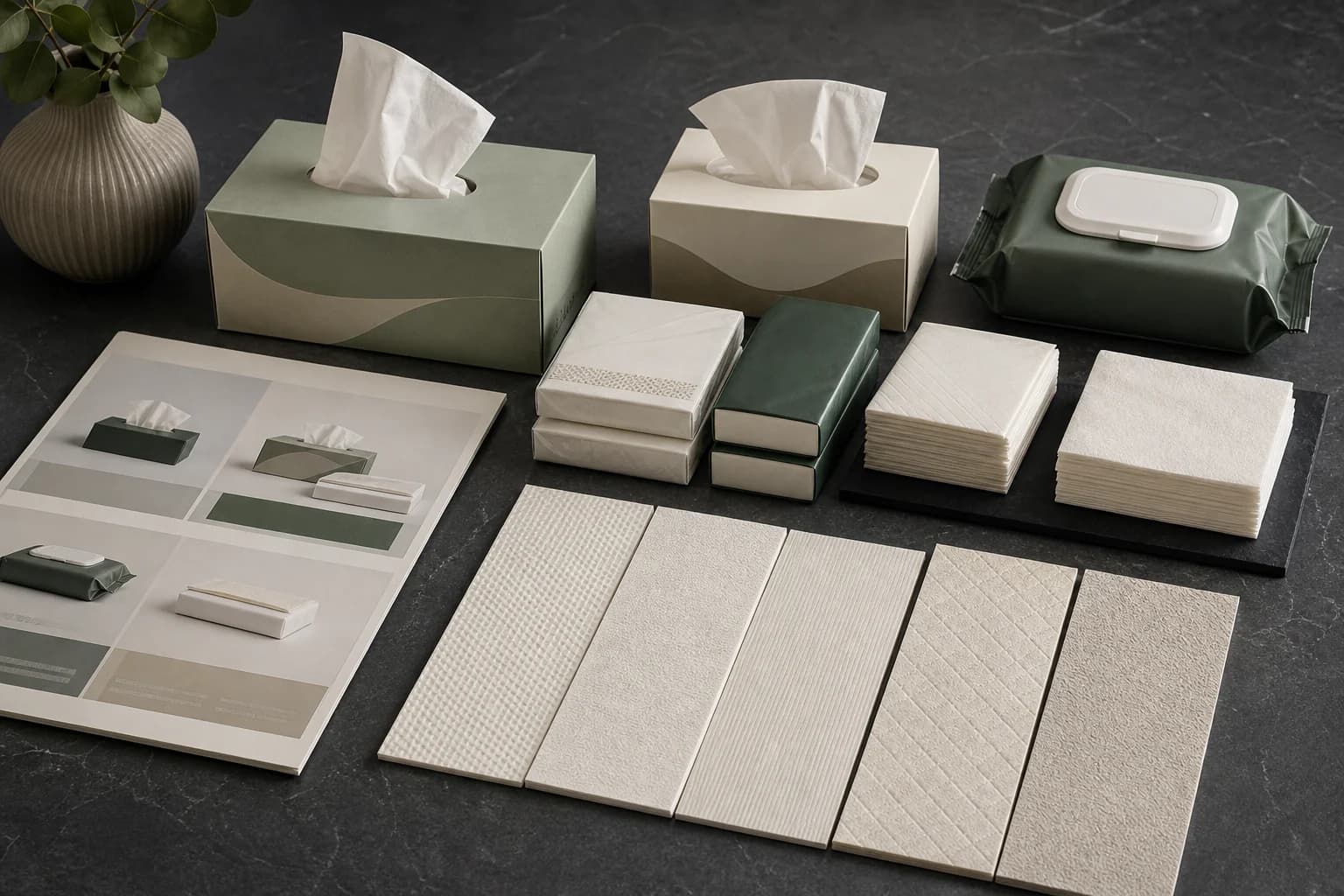 High-end tissue product selection desk with tissue formats, product samples and material swatches for OEM comparison
