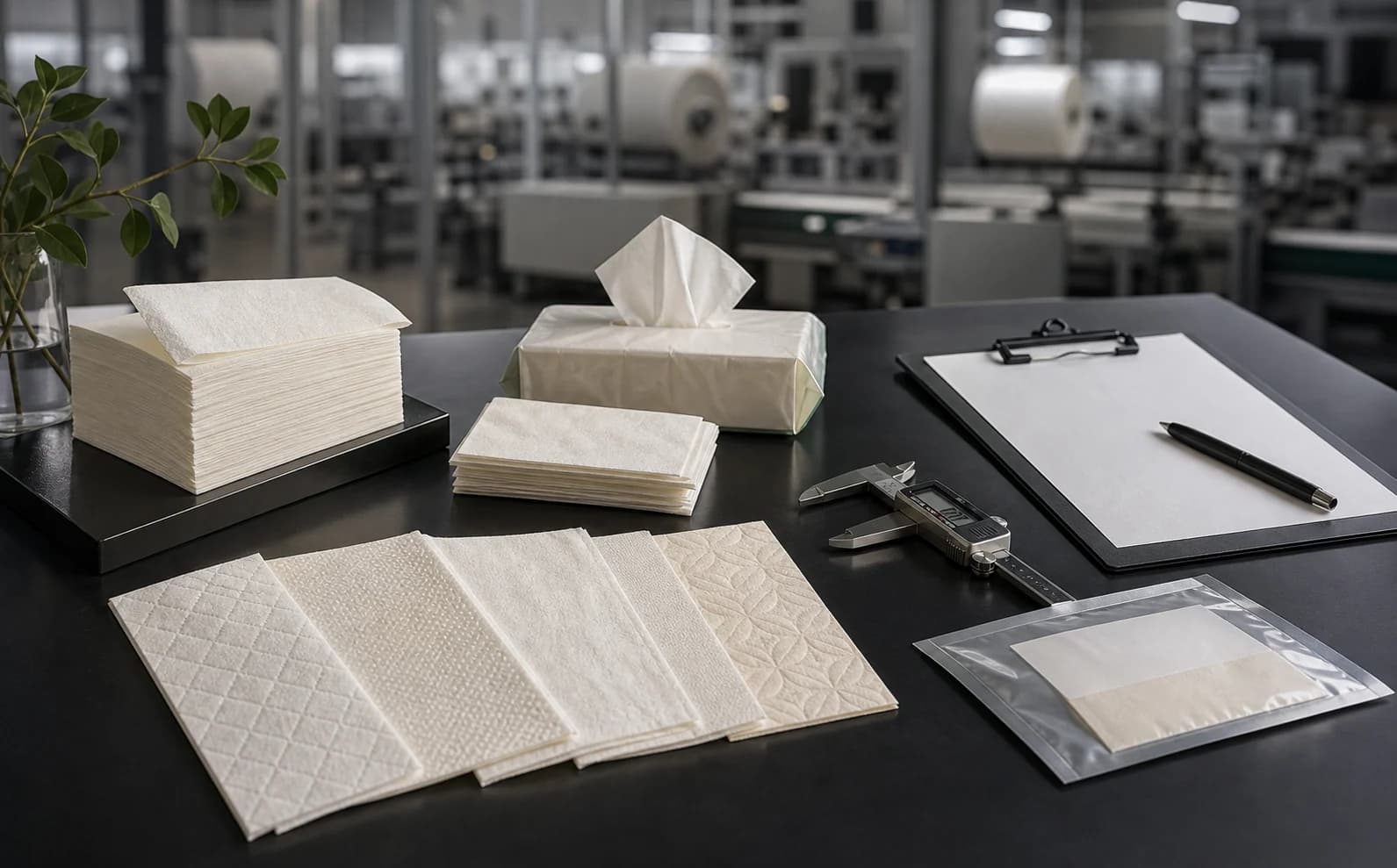 OEM tissue quality review table with tissue samples, caliper, sealed sample envelope and clean production background