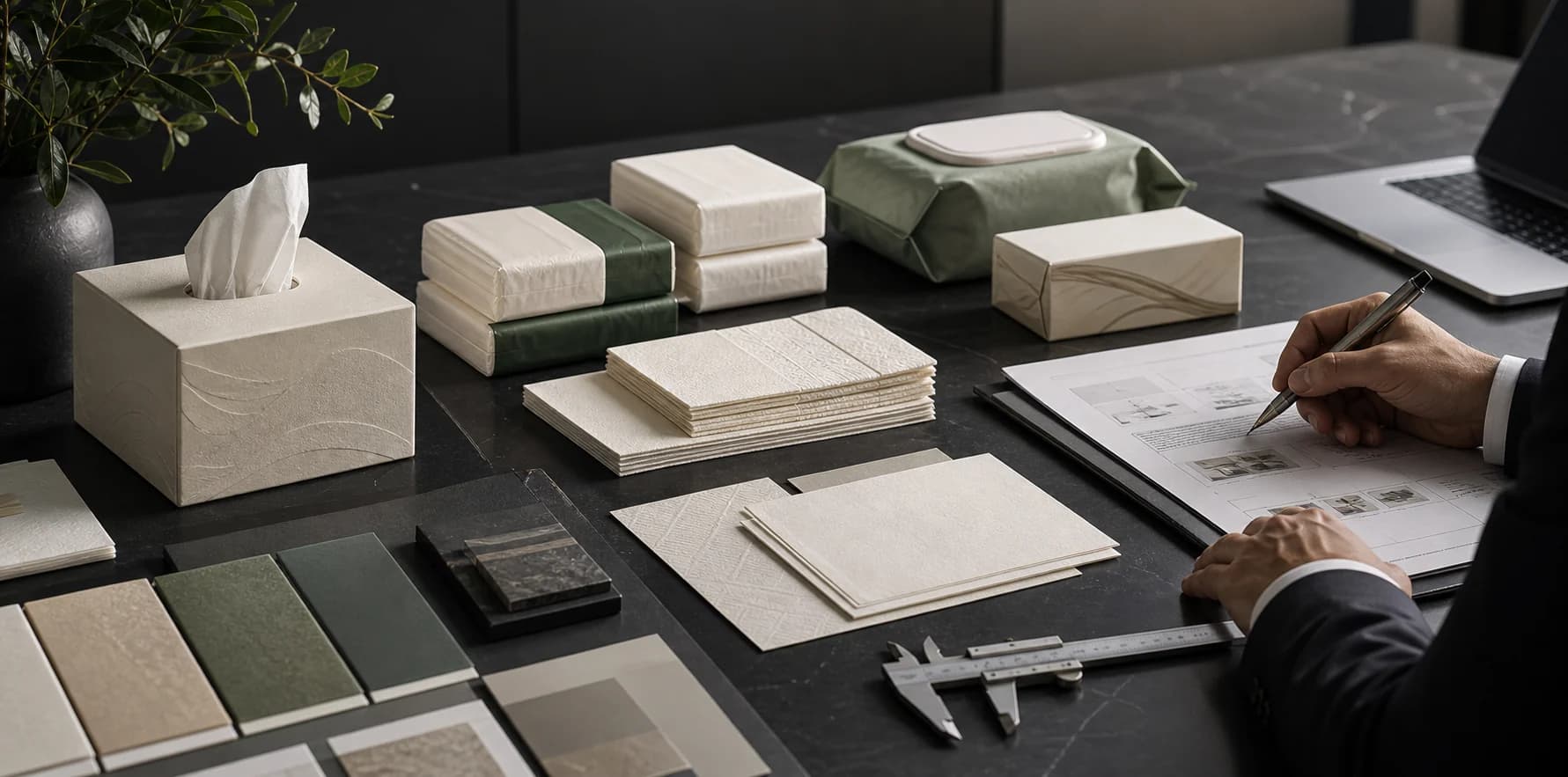 Premium OEM tissue procurement desk with tissue samples, custom packaging prototypes, paper swatches, specification documents and sourcing tools