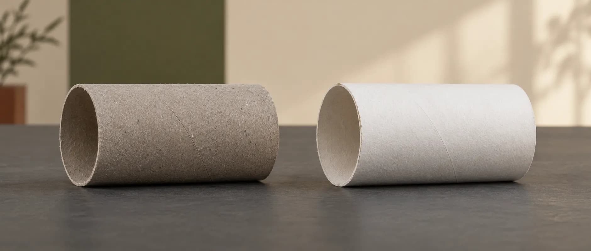 Grey and white paper cores side by side, showing their open ends and paper surfaces