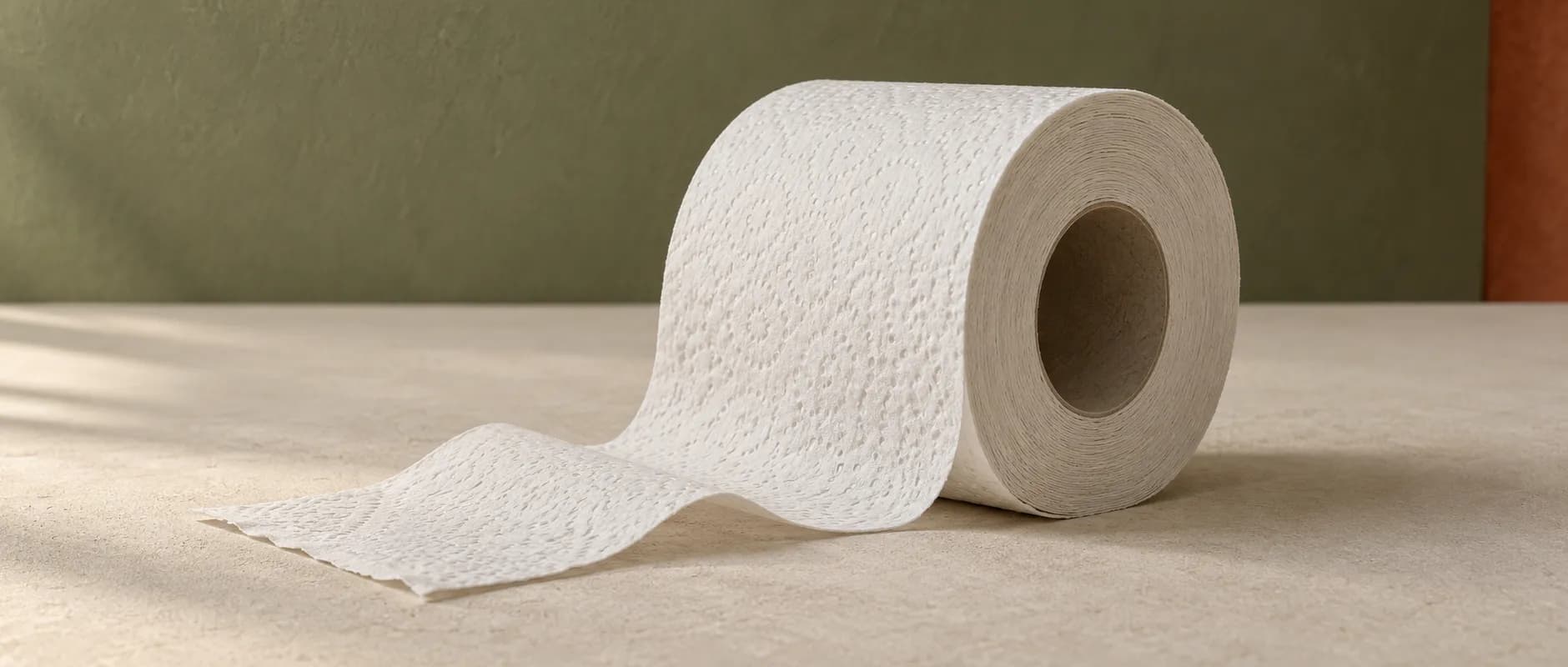 White toilet roll with a loose tissue sheet on a matte neutral work surface