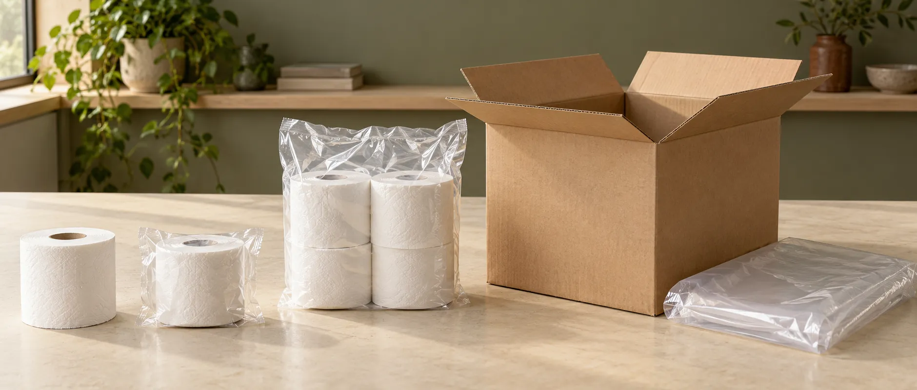 Toilet rolls beside a clear individual wrapper, poly inner bag, kraft carton and large packing bag